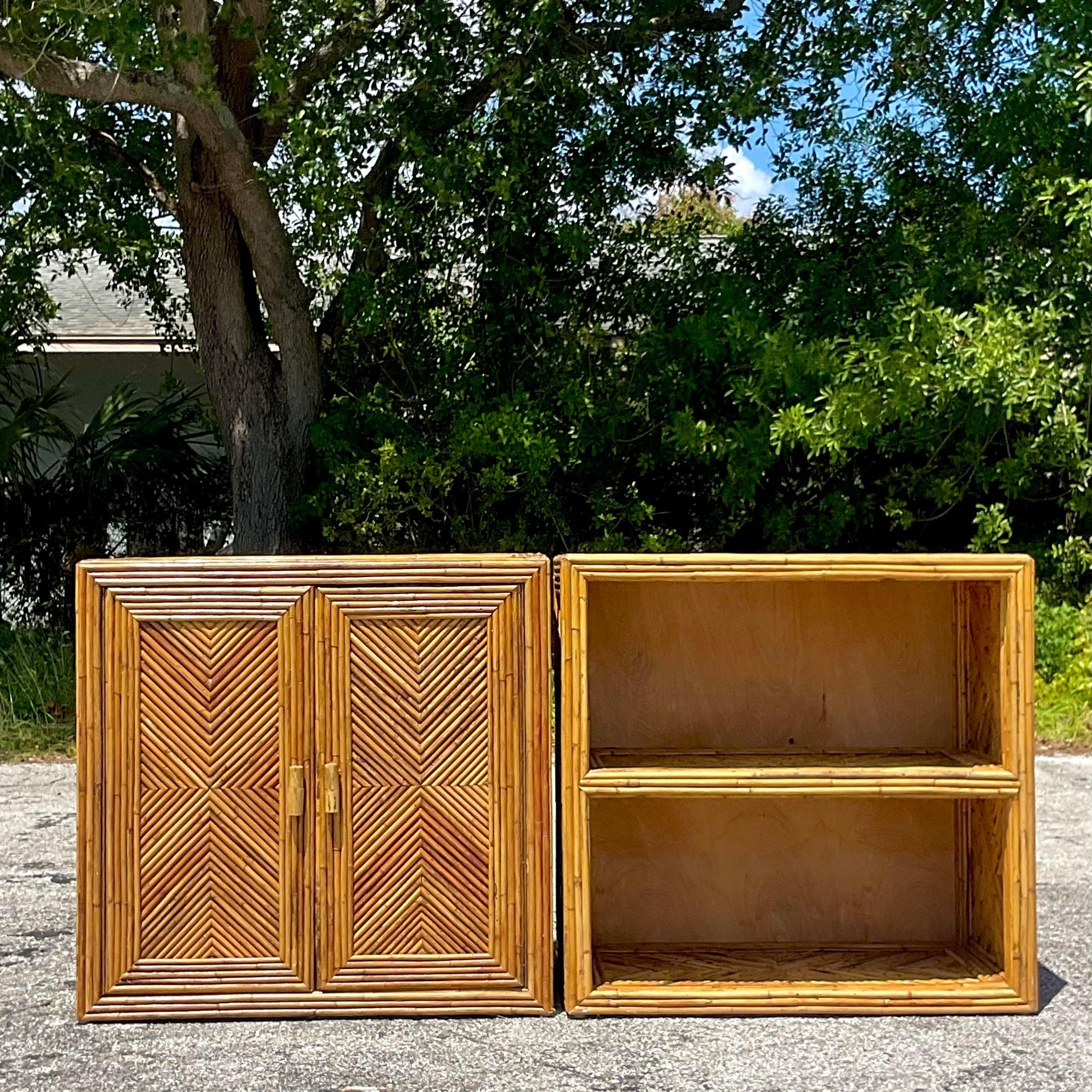 Vintage Costal Chevron Pencil Reed Cabinets - Set of 2 In Good Condition For Sale In west palm beach, FL