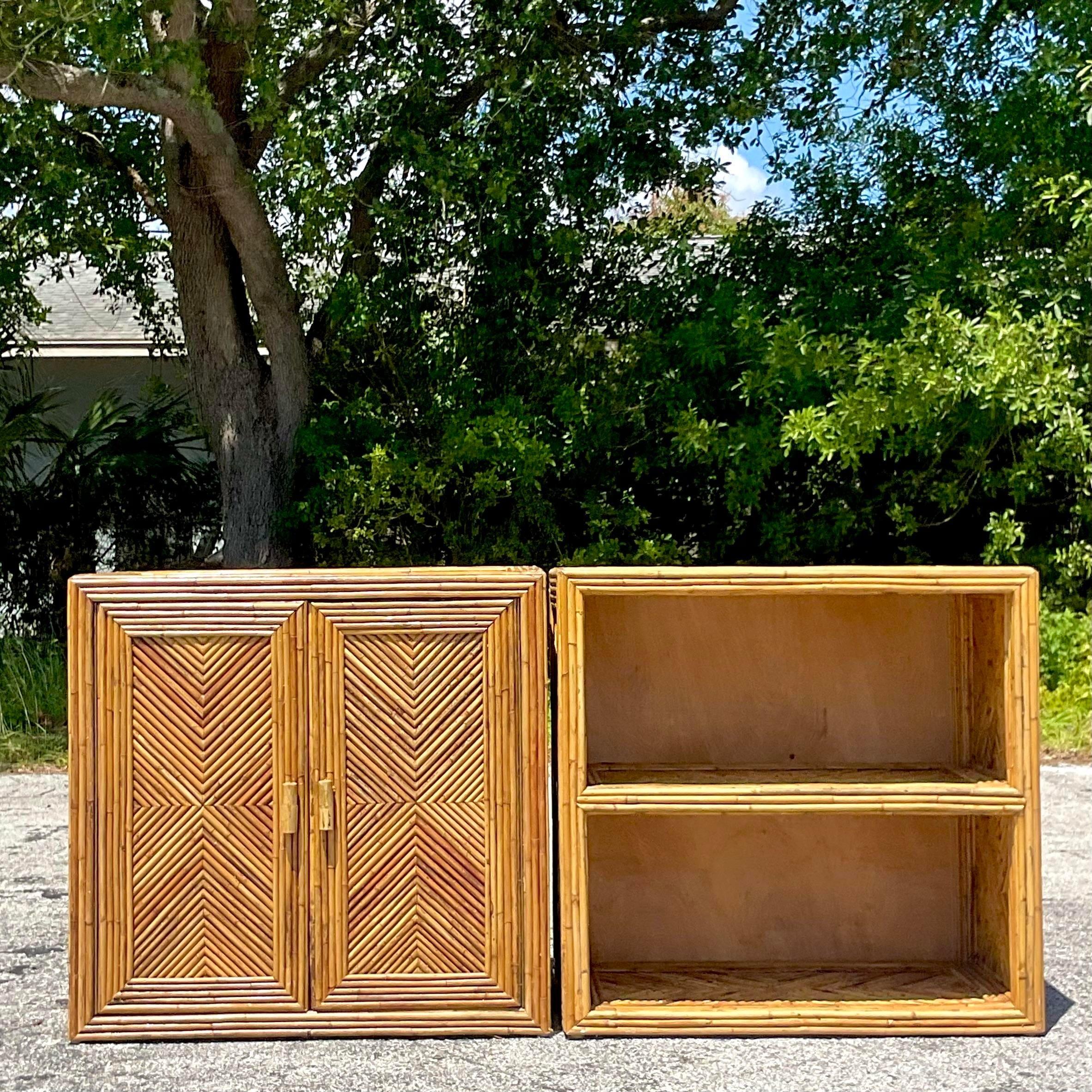 20th Century Vintage Costal Chevron Pencil Reed Cabinets - Set of 2 For Sale