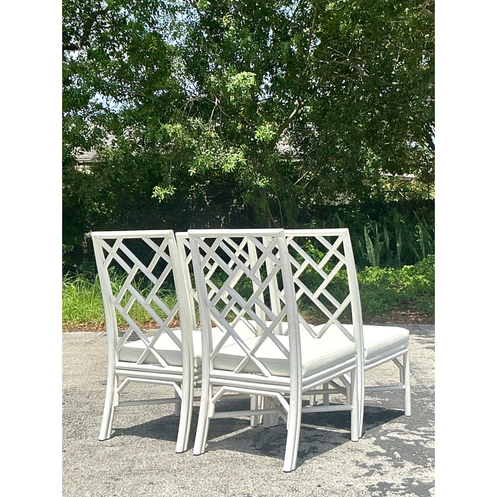 Chinoiserie Vintage Costal Chinese Chippendale Lacquered Dining Chairs - Set of 4 For Sale