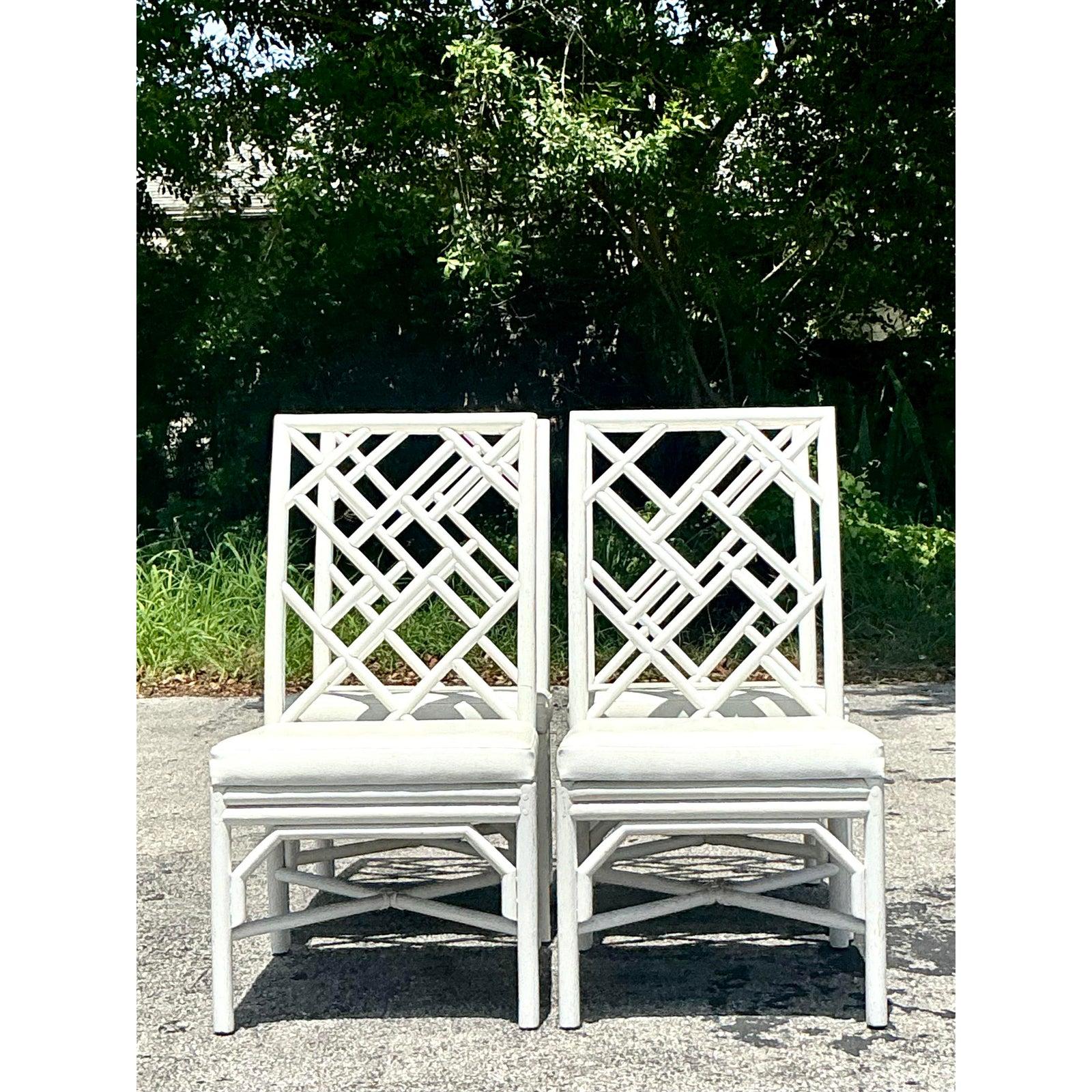 20th Century Vintage Costal Chinese Chippendale Lacquered Dining Chairs - Set of 4 For Sale