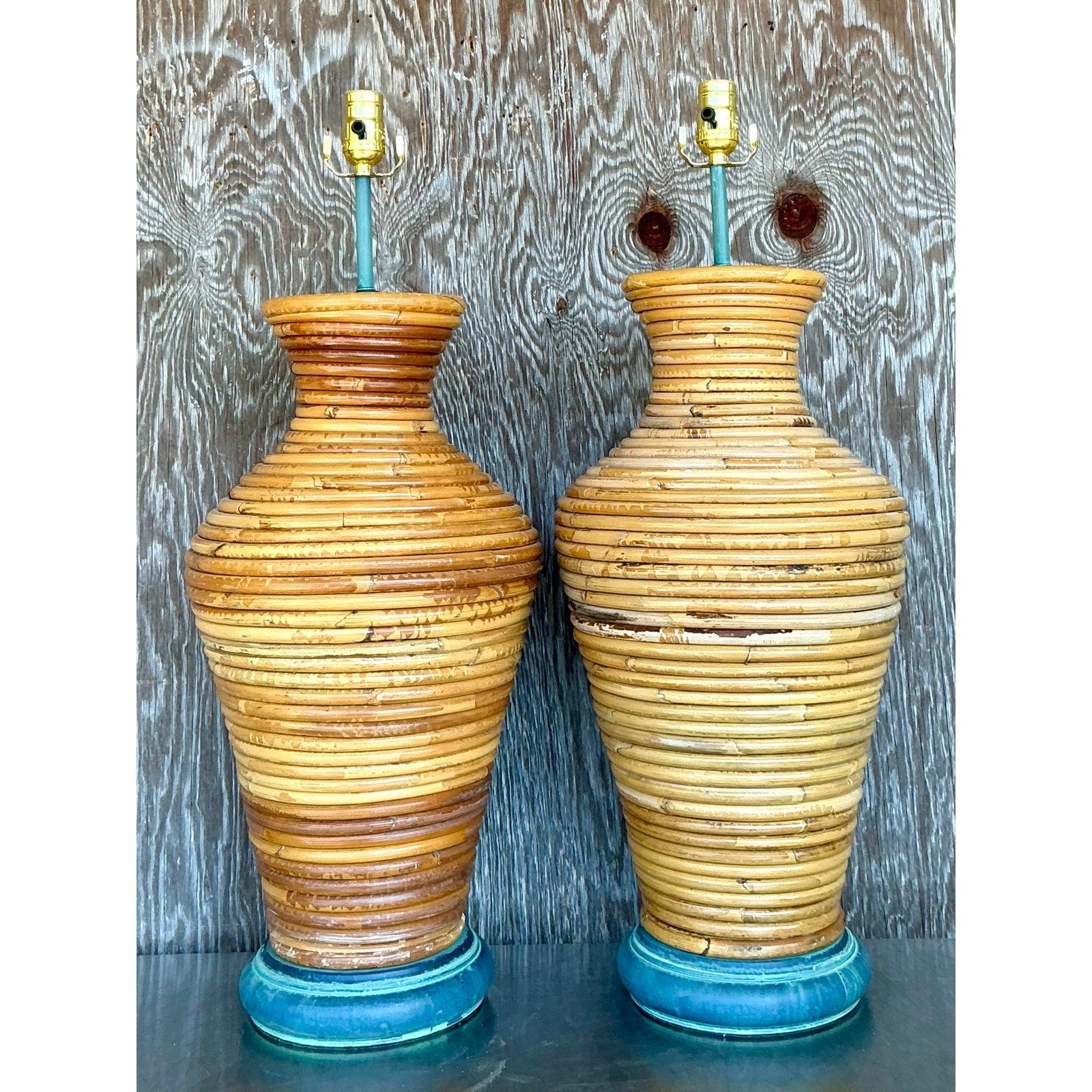 Vintage Costal Coiled Pencil Reed Lamps - A Pair For Sale 5