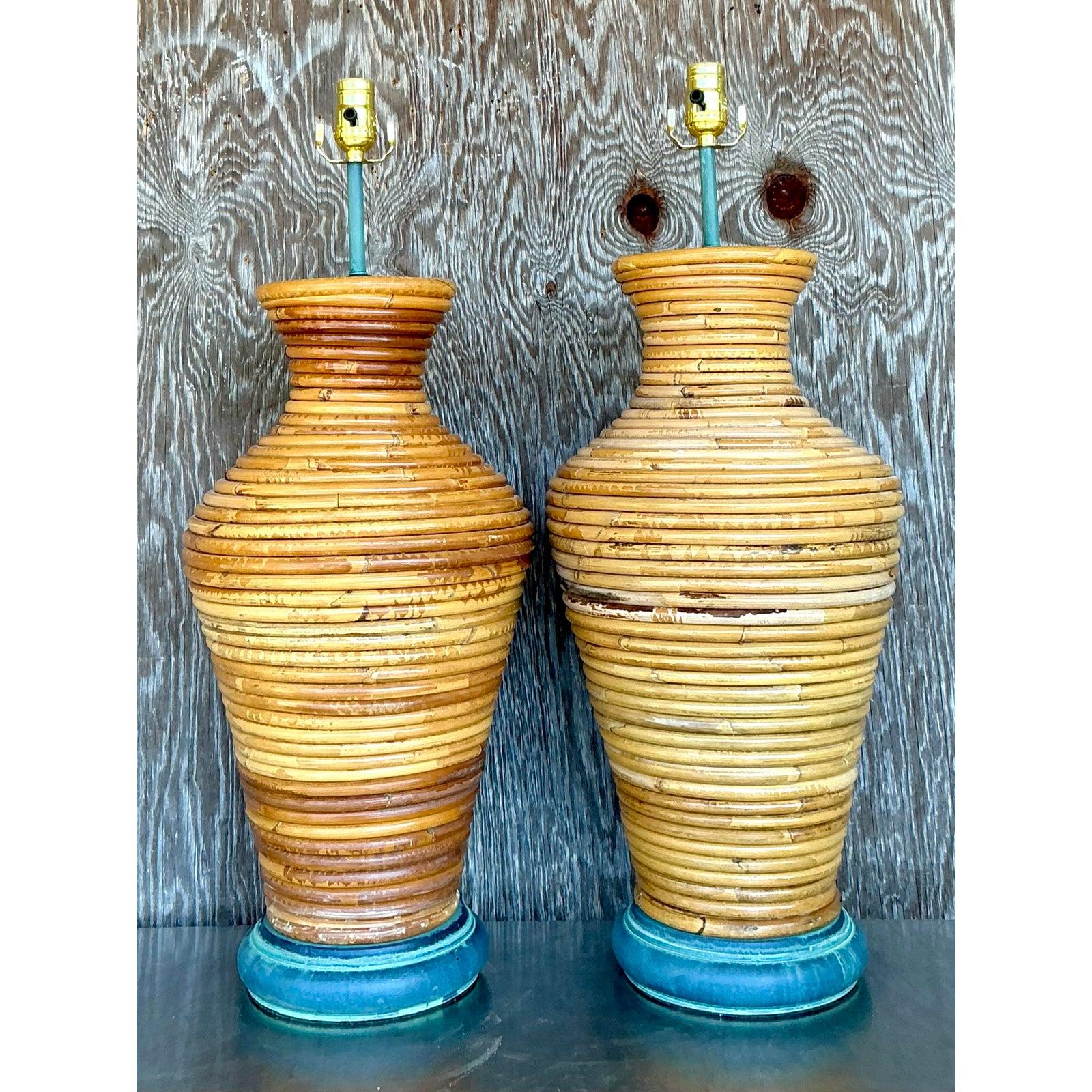 Philippine Vintage Costal Coiled Pencil Reed Lamps - A Pair For Sale