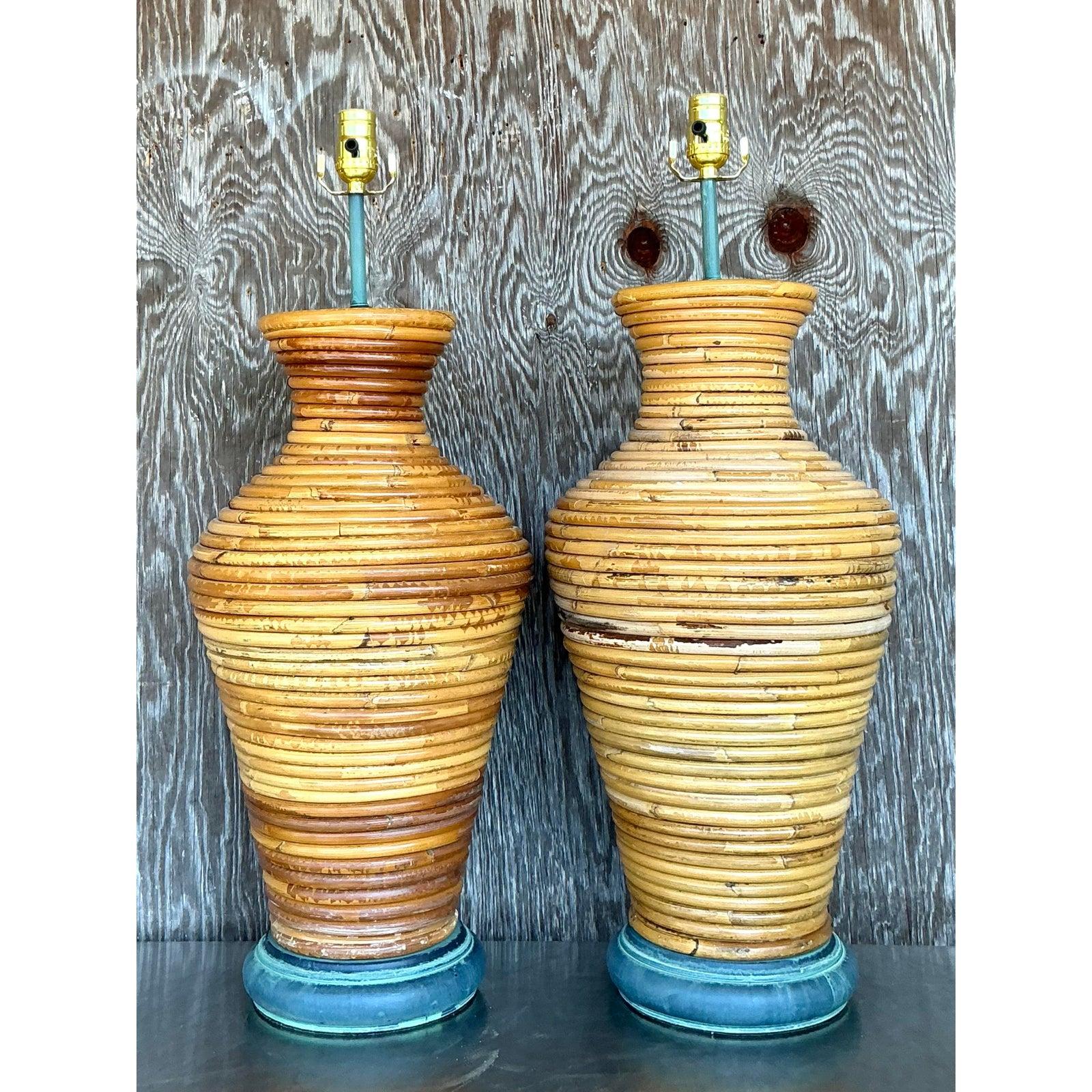 Vintage Costal Coiled Pencil Reed Lamps - A Pair In Good Condition For Sale In west palm beach, FL