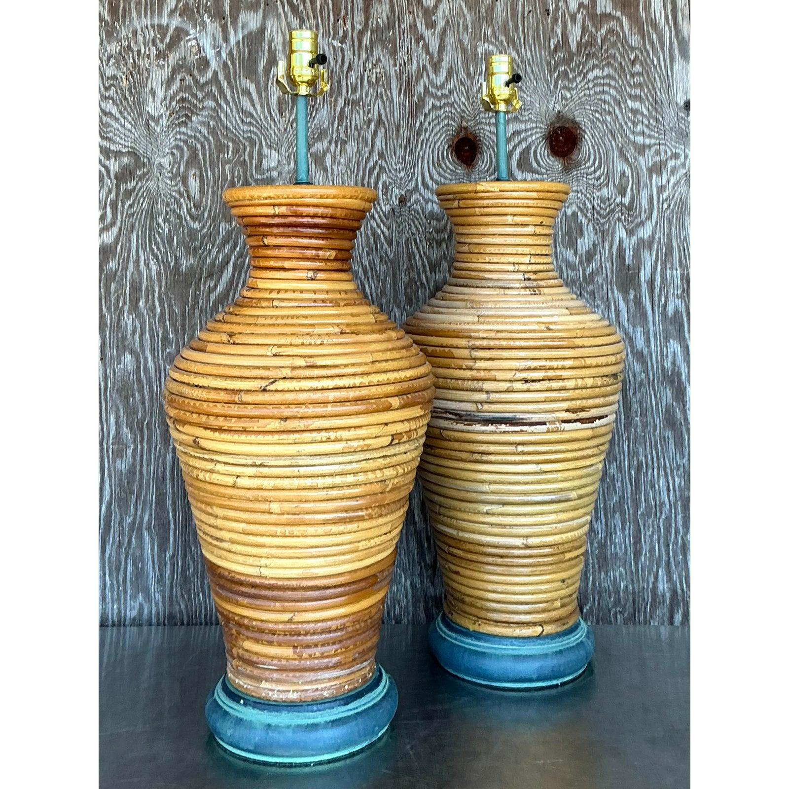 20th Century Vintage Costal Coiled Pencil Reed Lamps - A Pair For Sale