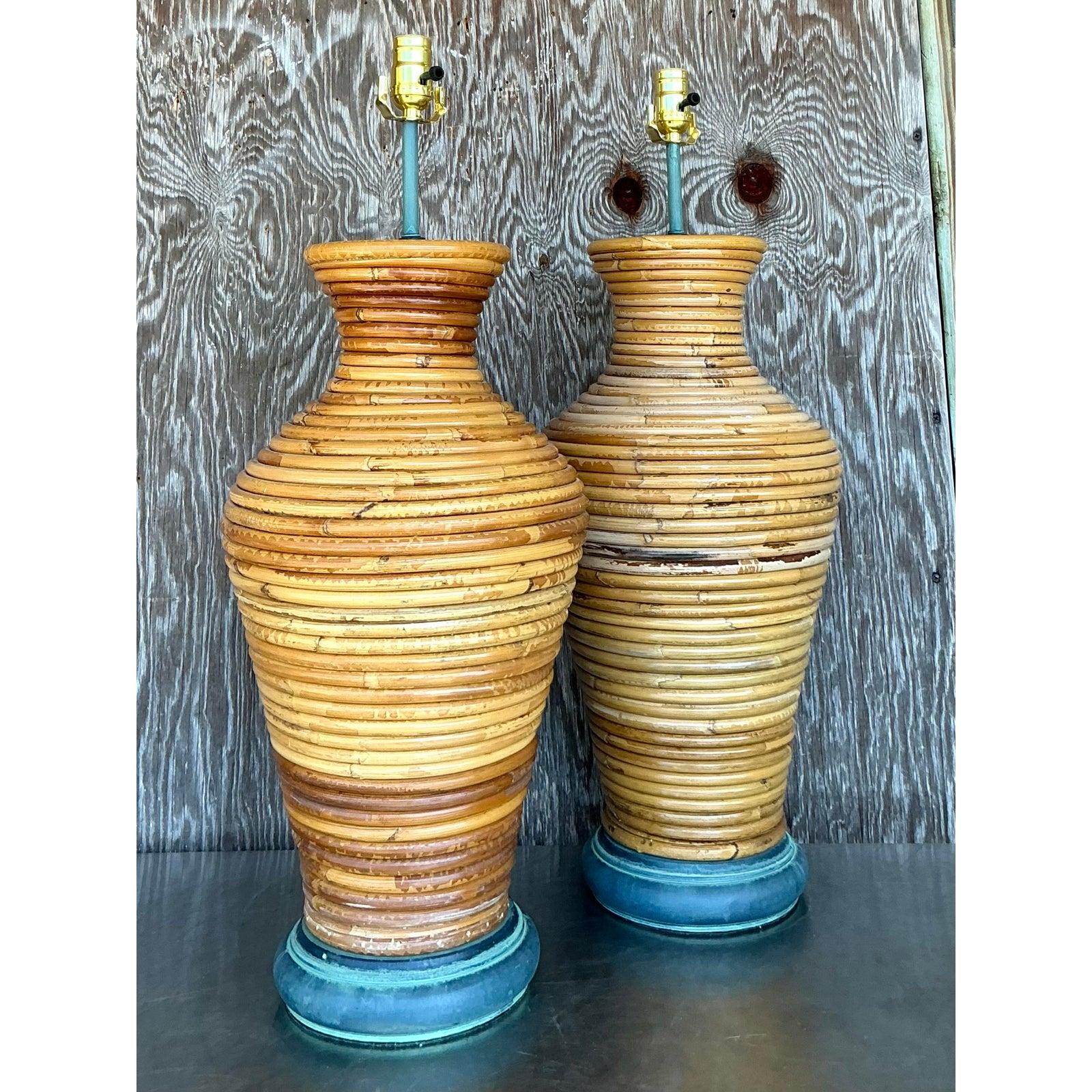 Metal Vintage Costal Coiled Pencil Reed Lamps - A Pair For Sale