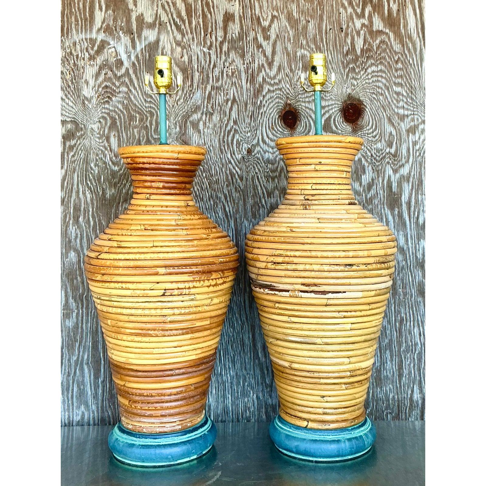 Vintage Costal Coiled Pencil Reed Lamps - A Pair For Sale 1