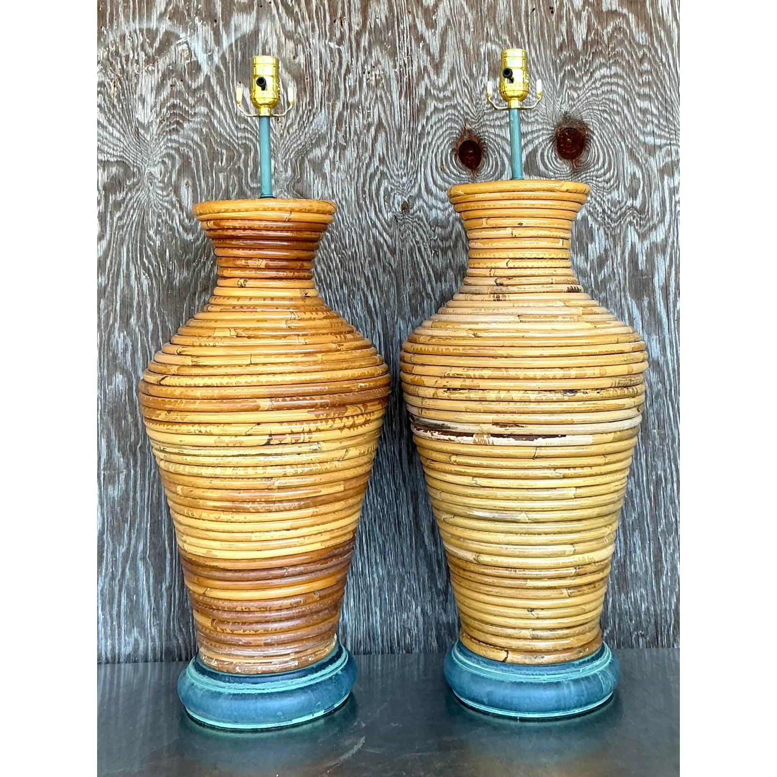 Vintage Costal Coiled Pencil Reed Lamps - A Pair For Sale 2