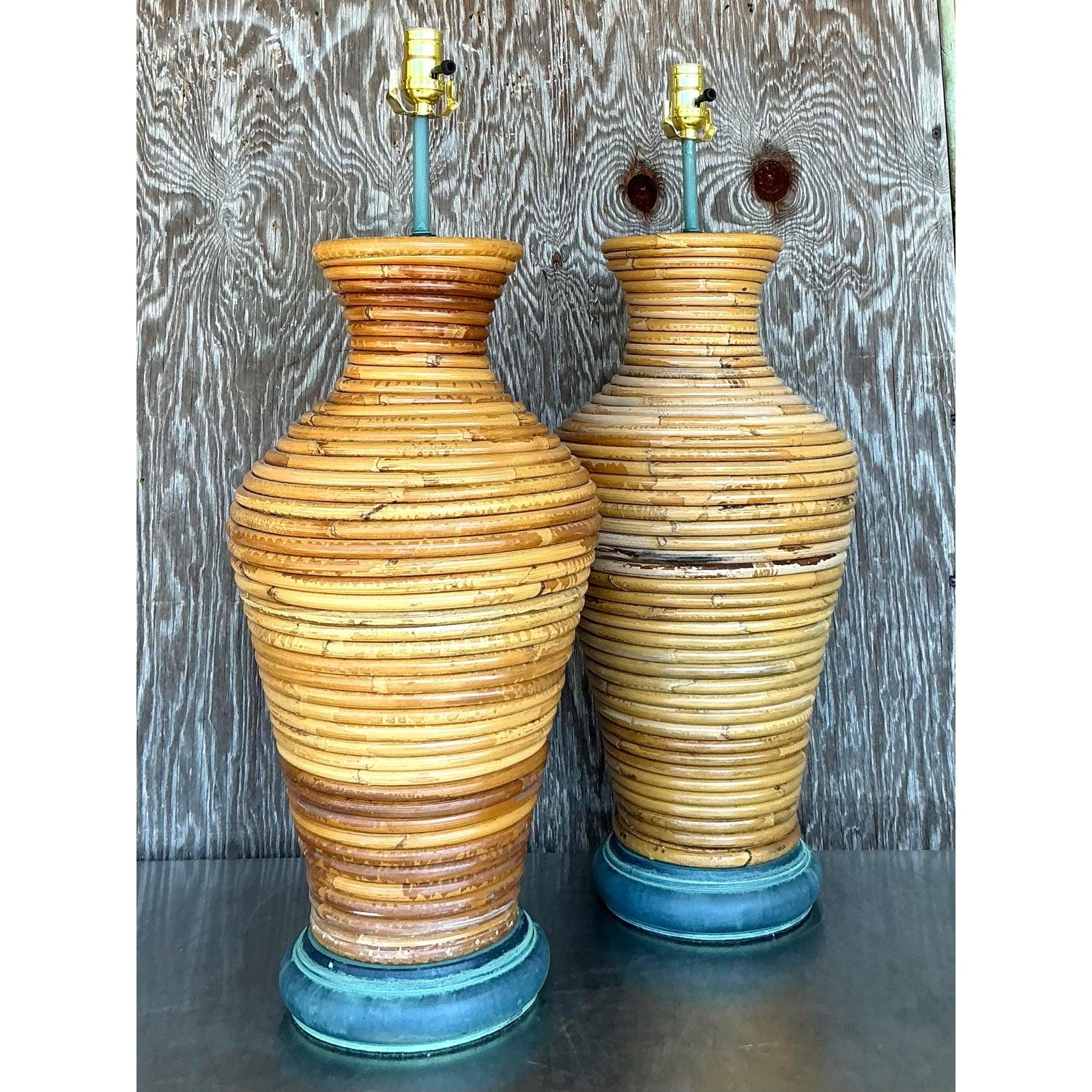 Vintage Costal Coiled Pencil Reed Lamps - A Pair For Sale 3