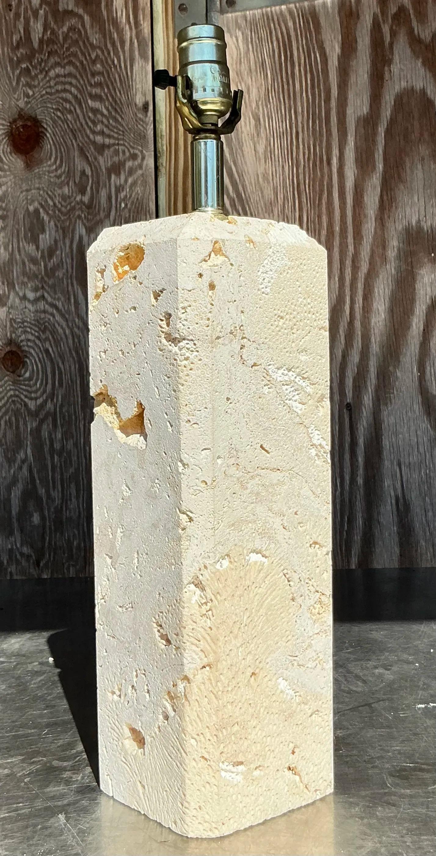 Illuminez votre espace avec un charme côtier en utilisant cette lampe vintage à facettes en pierre de Coquina. Présentant des textures naturelles et des tons terreux, cette pièce unique incarne l'élégance du bord de mer. Parfait pour ajouter de la