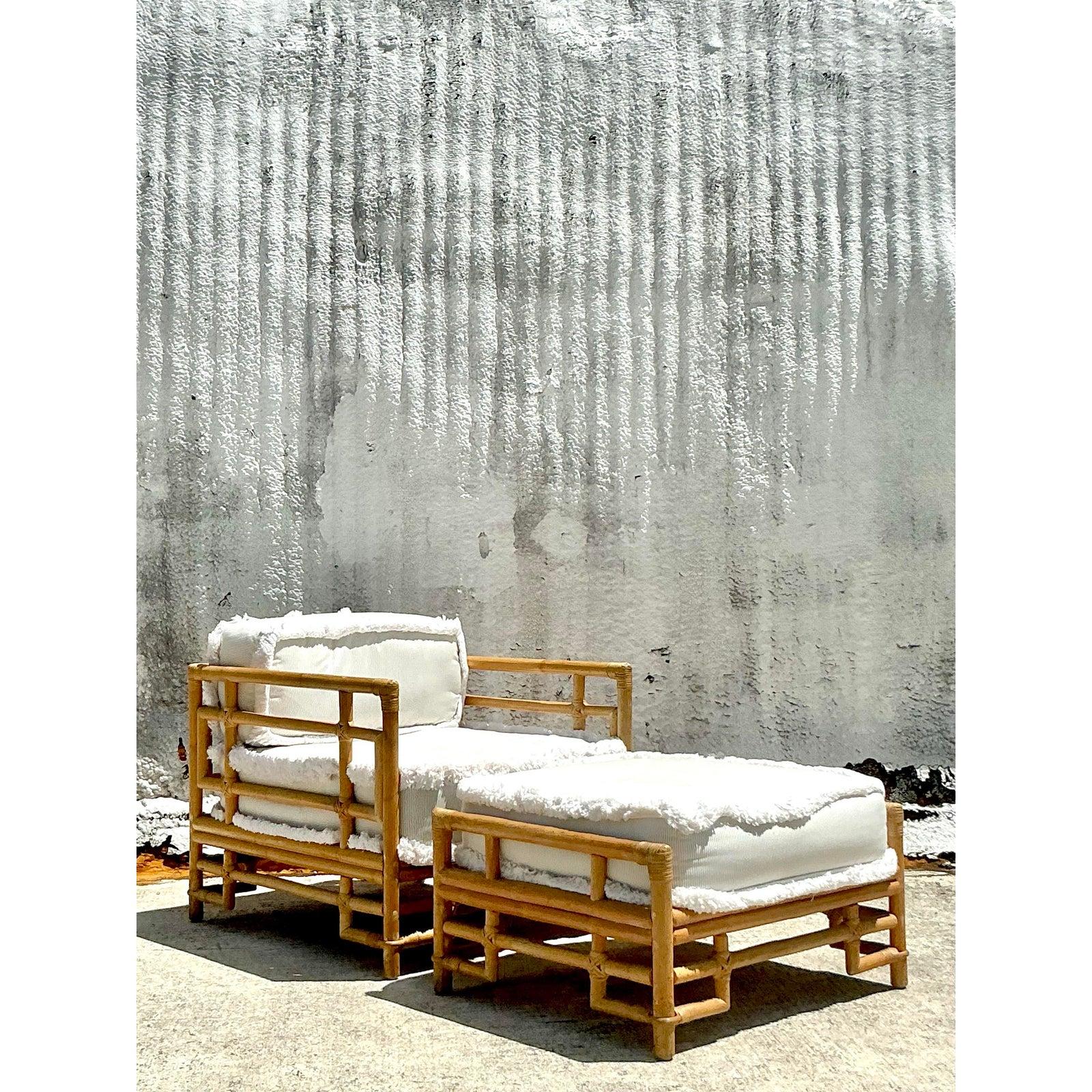 Philippine Vintage Costal Ficks Reed Rattan Lounge Chair and Ottoman For Sale