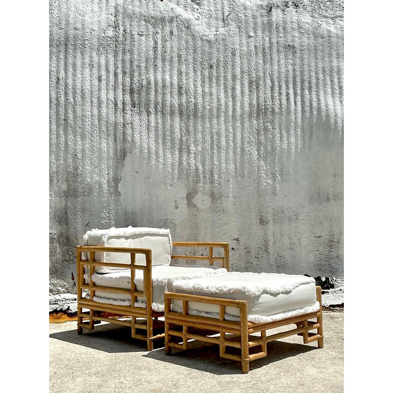 Vintage Costal Ficks Reed Rattan Lounge Chair and Ottoman In Good Condition For Sale In west palm beach, FL