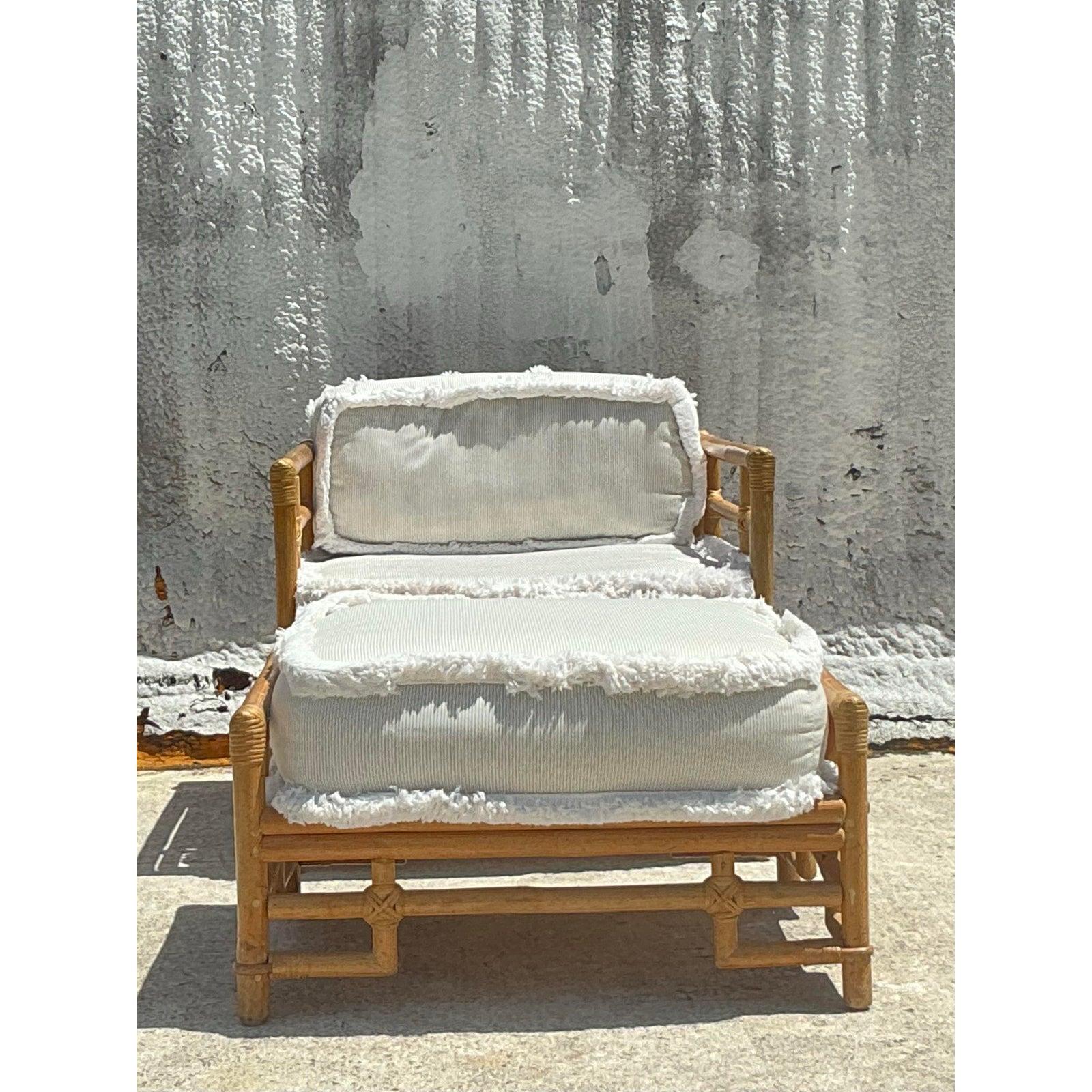 20th Century Vintage Costal Ficks Reed Rattan Lounge Chair and Ottoman For Sale
