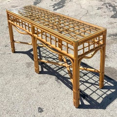 Vintage Costal Grid Rattan Console Table