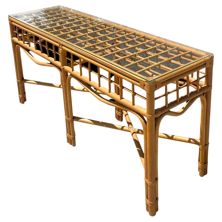 Vintage Costal Grid Rattan Console Table For Sale at 1stDibs