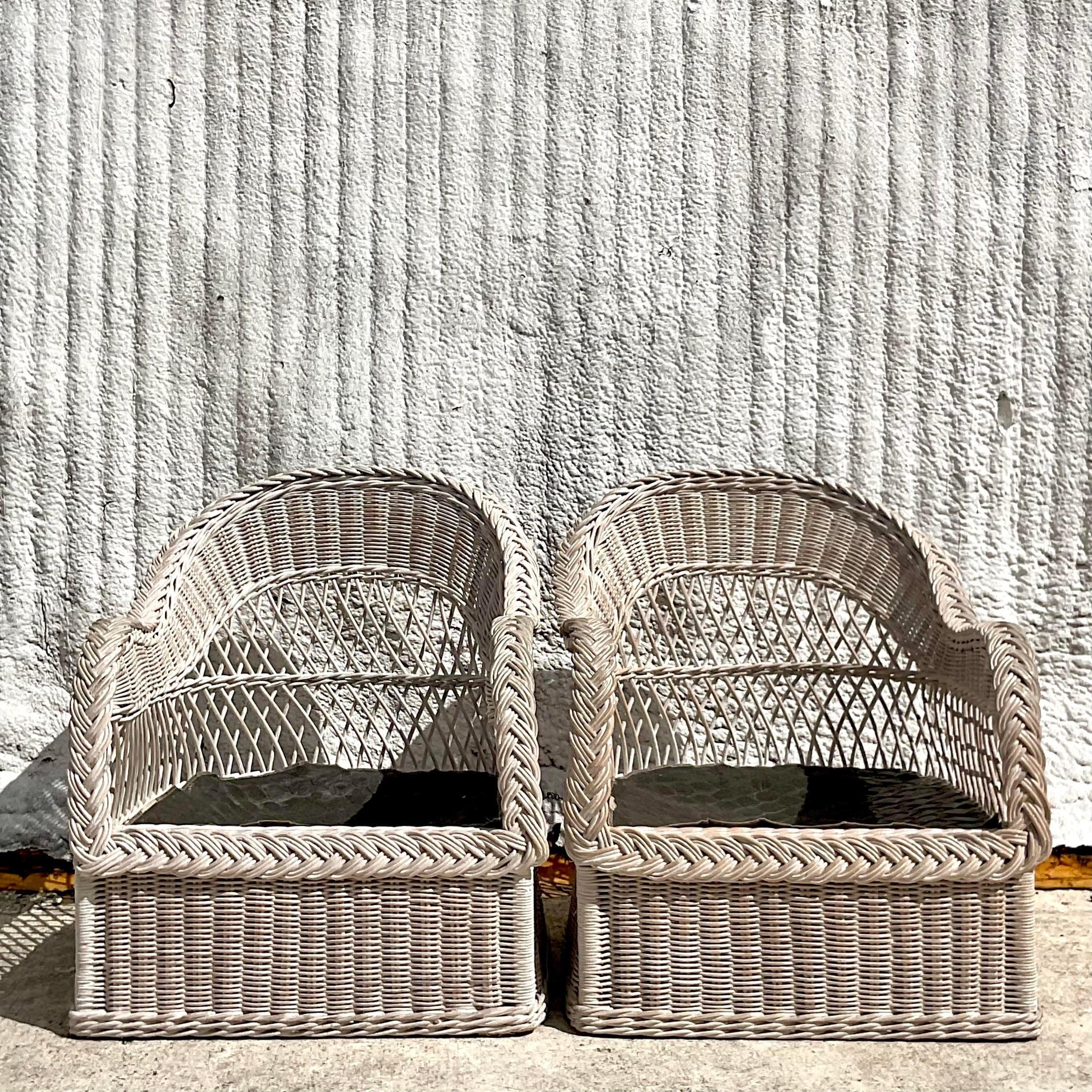 Paire de chaises longues en rotin tressé vintage A Link HENRY en vente 5