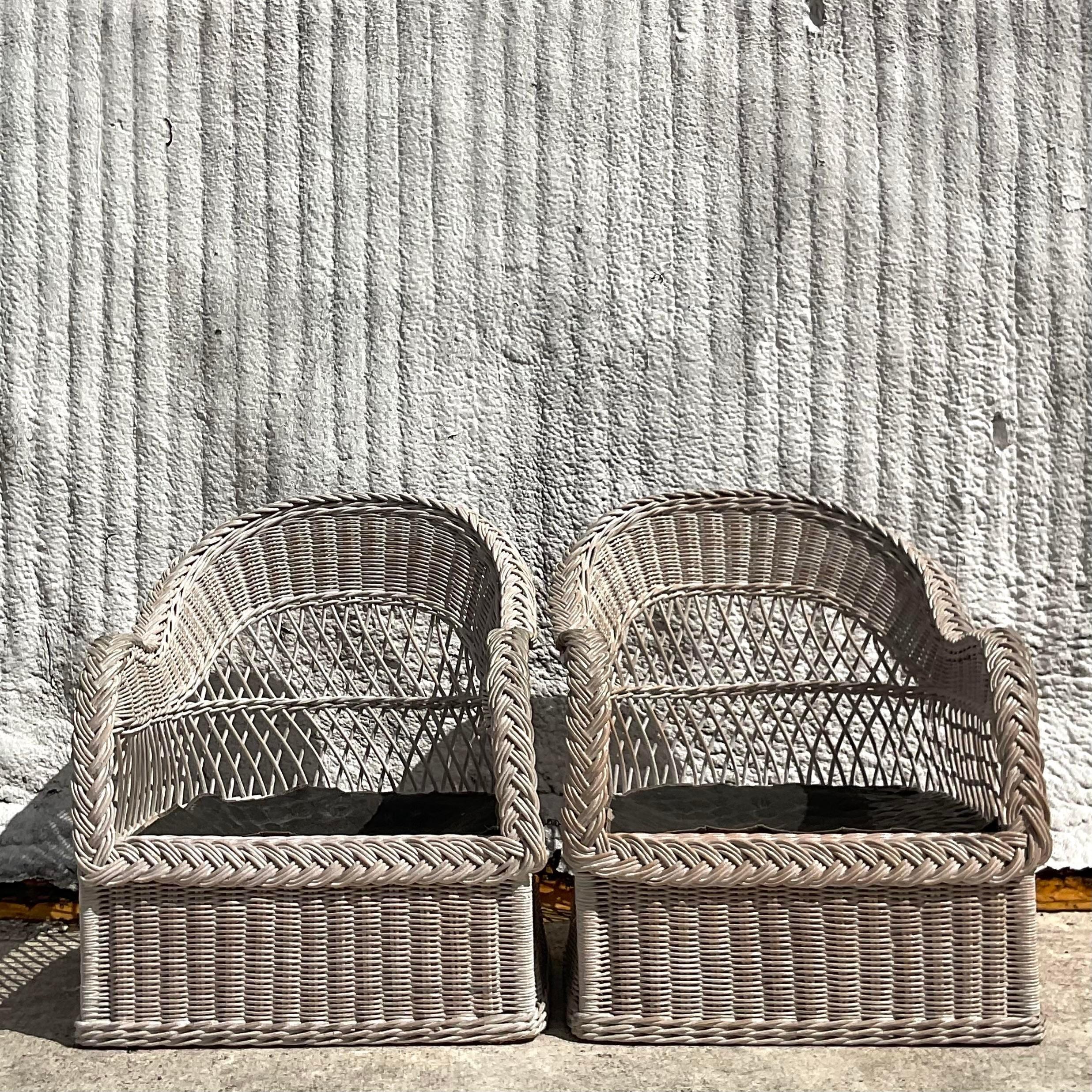 Vintage Costal Henry Link Braided Rattan Lounge Chairs - a Pair In Good Condition For Sale In west palm beach, FL