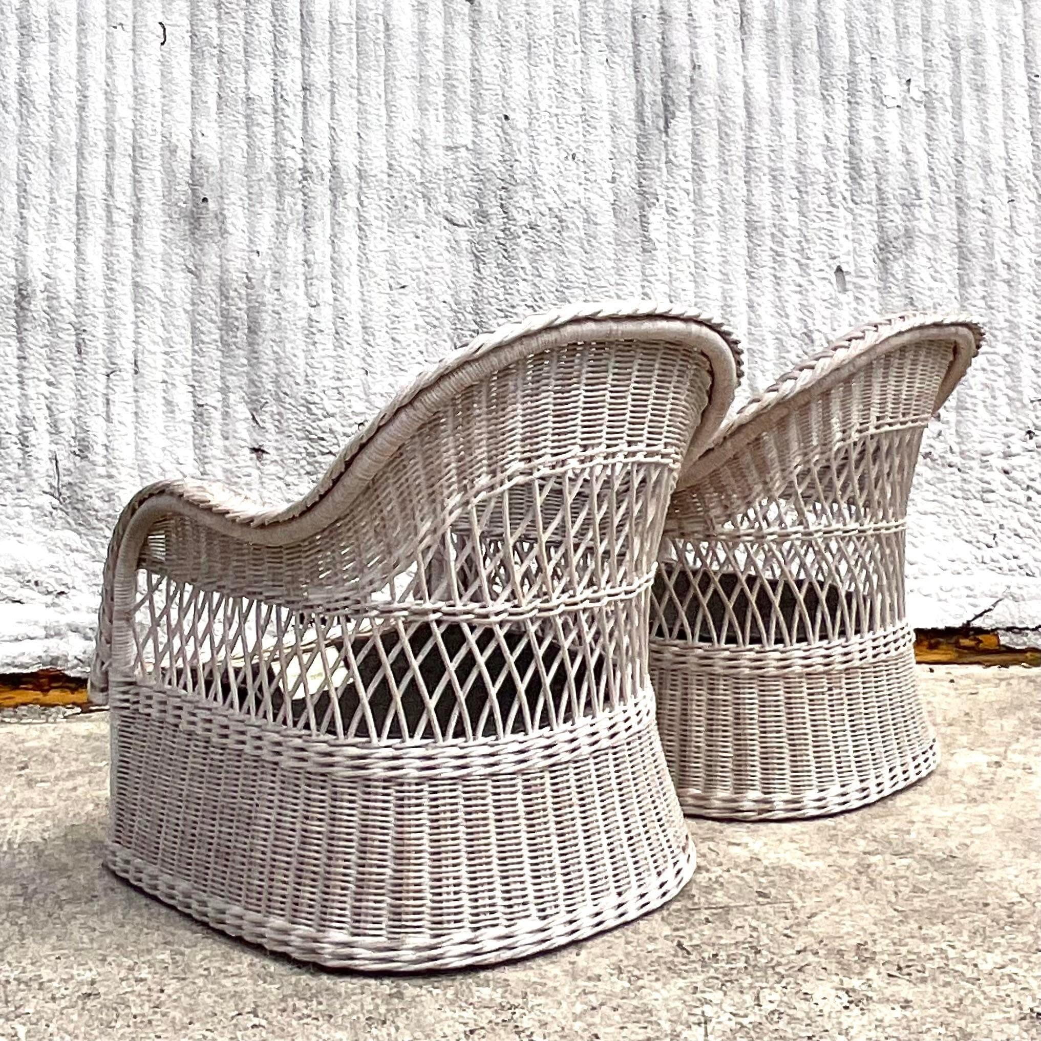 20th Century Vintage Costal Henry Link Braided Rattan Lounge Chairs - a Pair For Sale