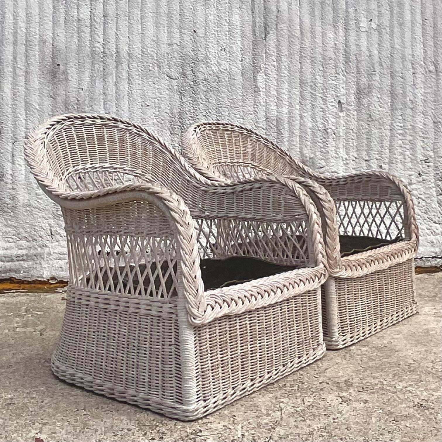 Vintage Costal Henry Link Braided Rattan Lounge Chairs - a Pair For Sale 2