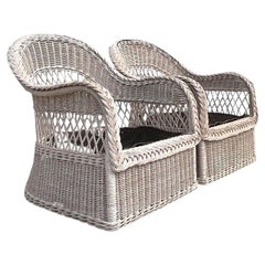 Retro Costal Henry Link Braided Rattan Lounge Chairs - a Pair