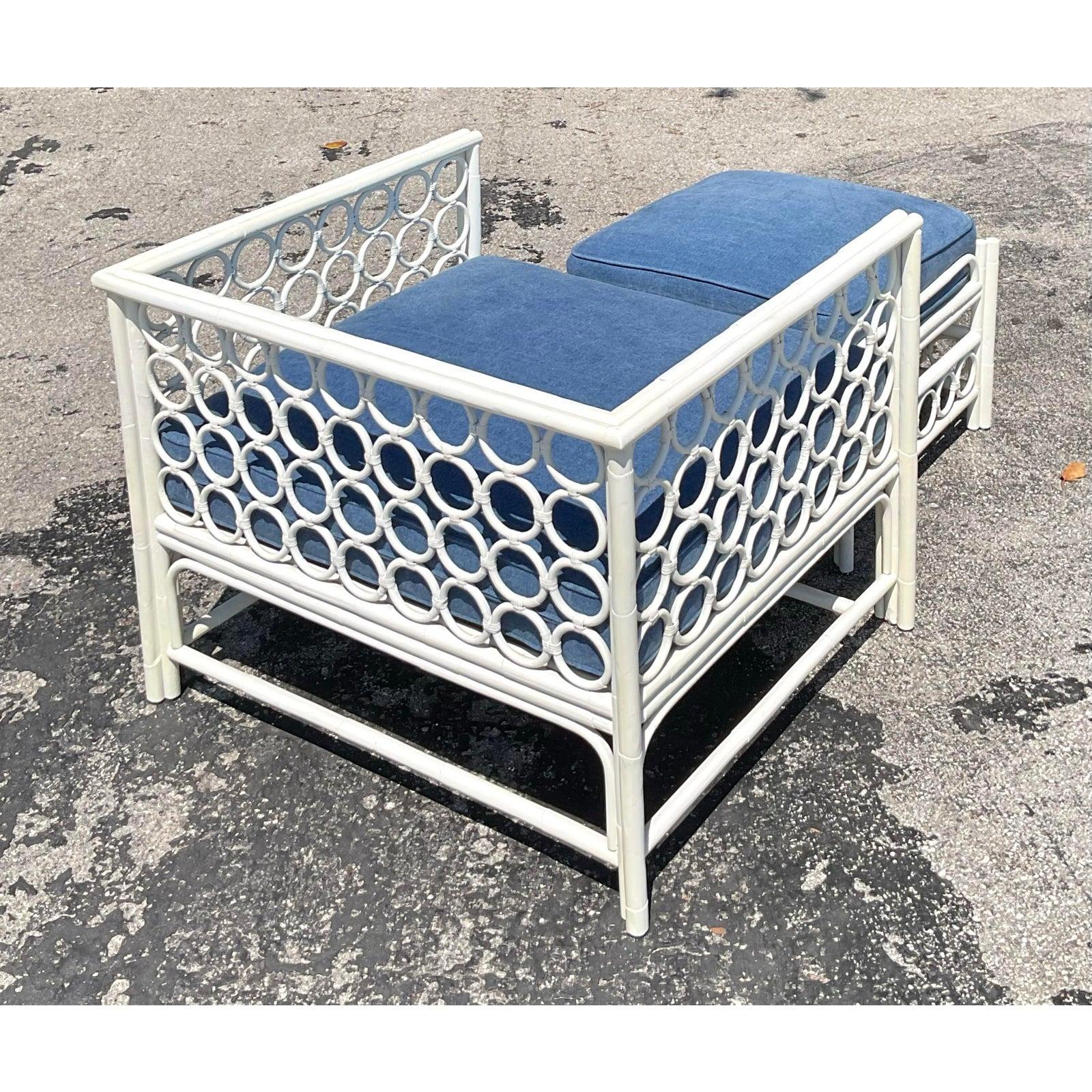 Costal Loop Rattan-Loungesessel mit Ottomane, Vintage (Stoff) im Angebot