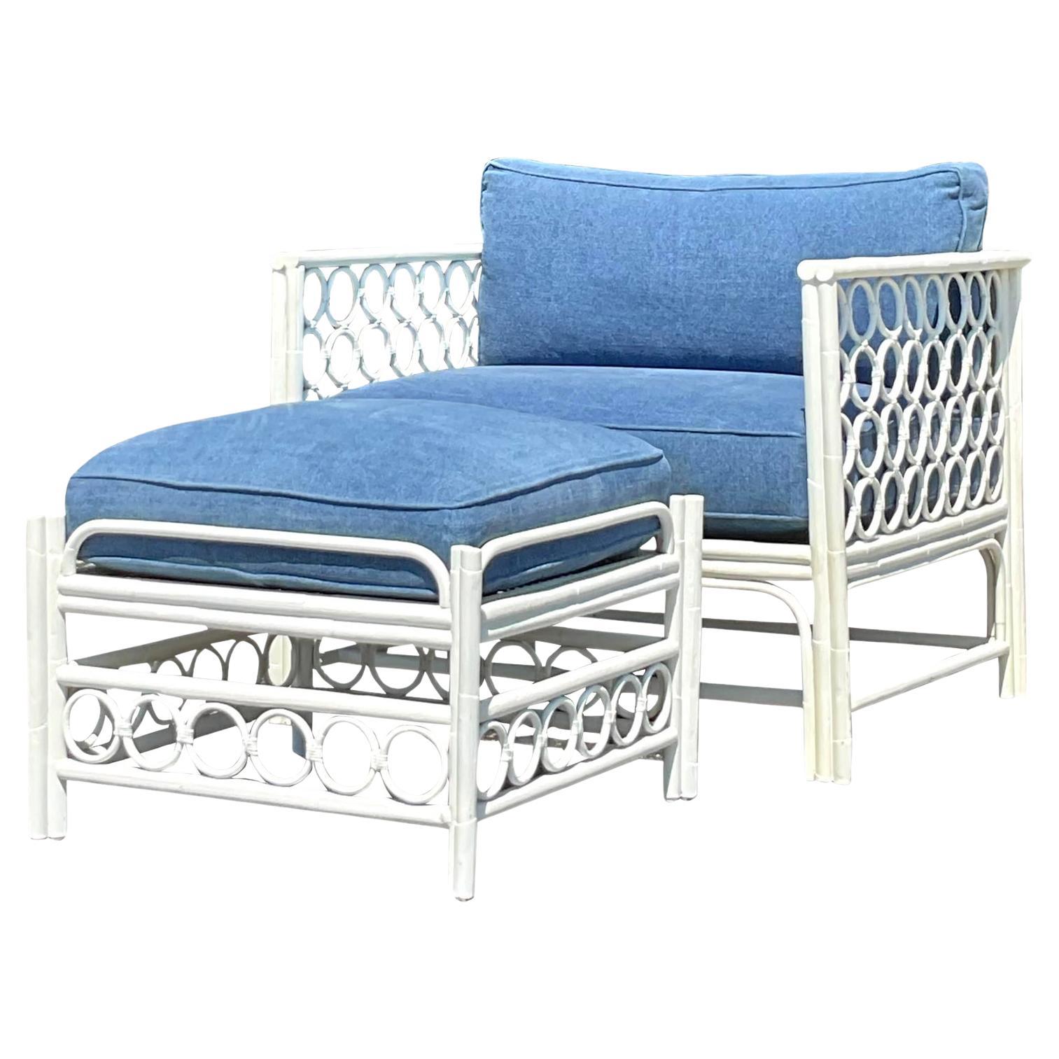 Vintage Costal Loop Rattan Lounge Chair With Ottoman