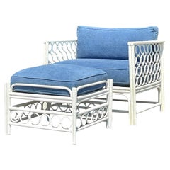Vintage Costal Loop Rattan Lounge Chair With Ottoman