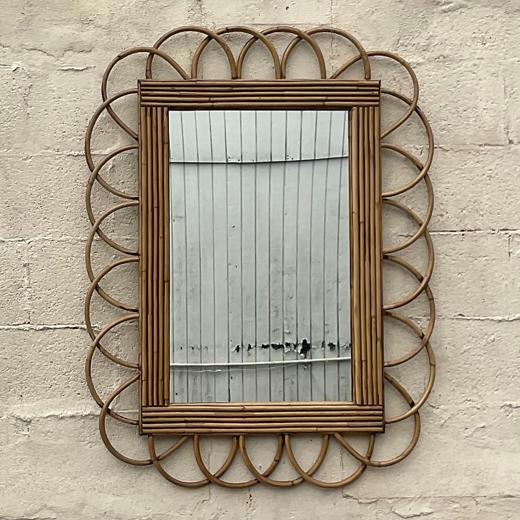 Vintage Costal Loop Rattan Wall Mirror In Good Condition For Sale In west palm beach, FL