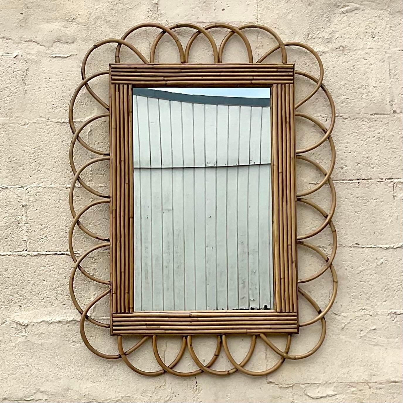 20th Century Vintage Costal Loop Rattan Wall Mirror For Sale