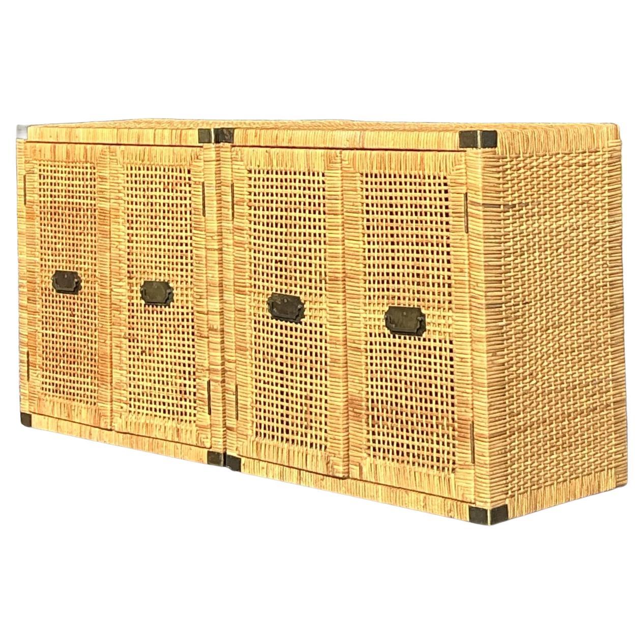 Paire d'armoires vintage en rotin pour four costal