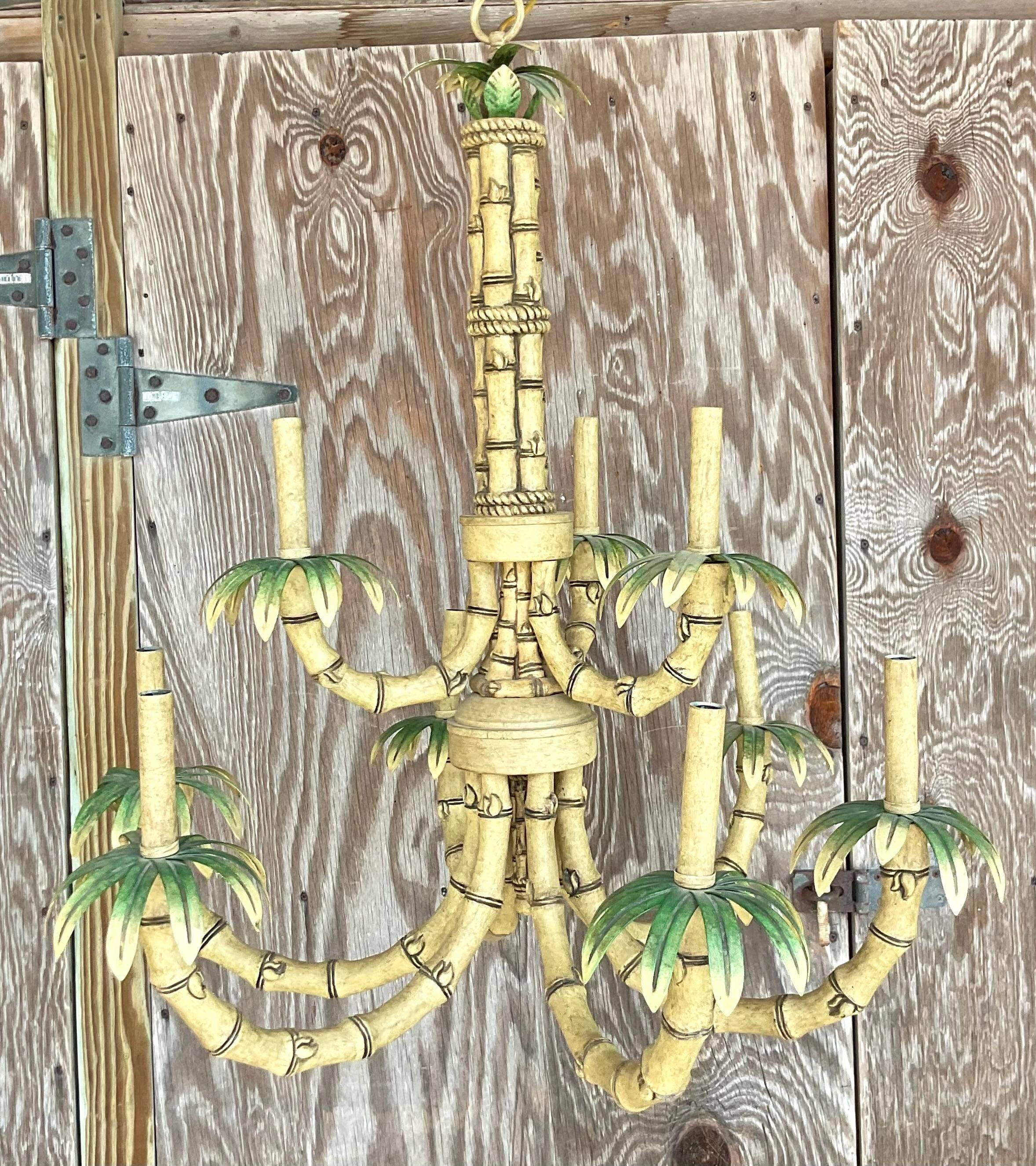 Vintage Costal Painted Metal Bamboo Chandelier In Good Condition In west palm beach, FL