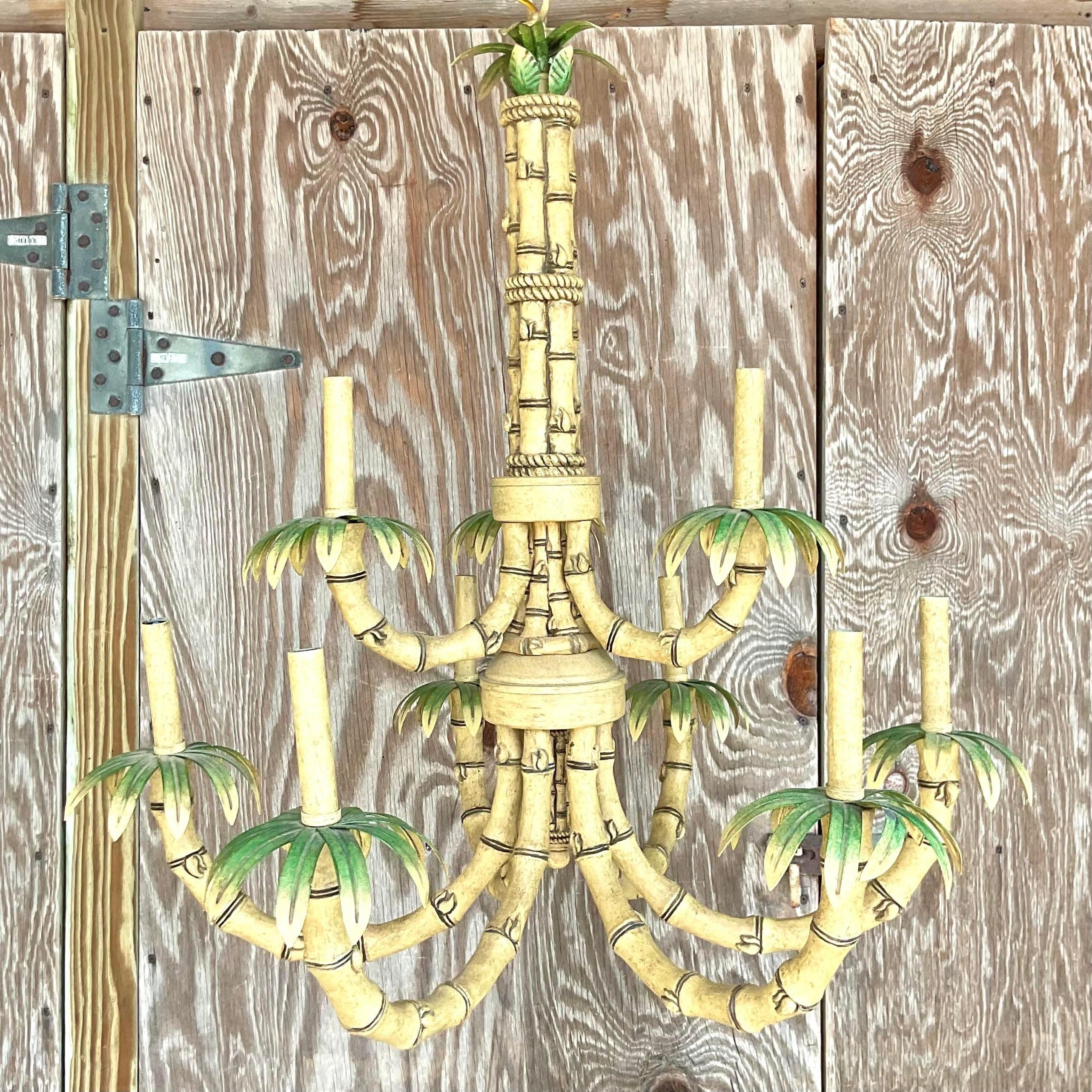 20th Century Vintage Costal Painted Metal Bamboo Chandelier