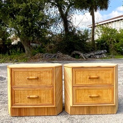 Vintage Costal Pencil Reed and Grasscloth Nightstands, a Pair