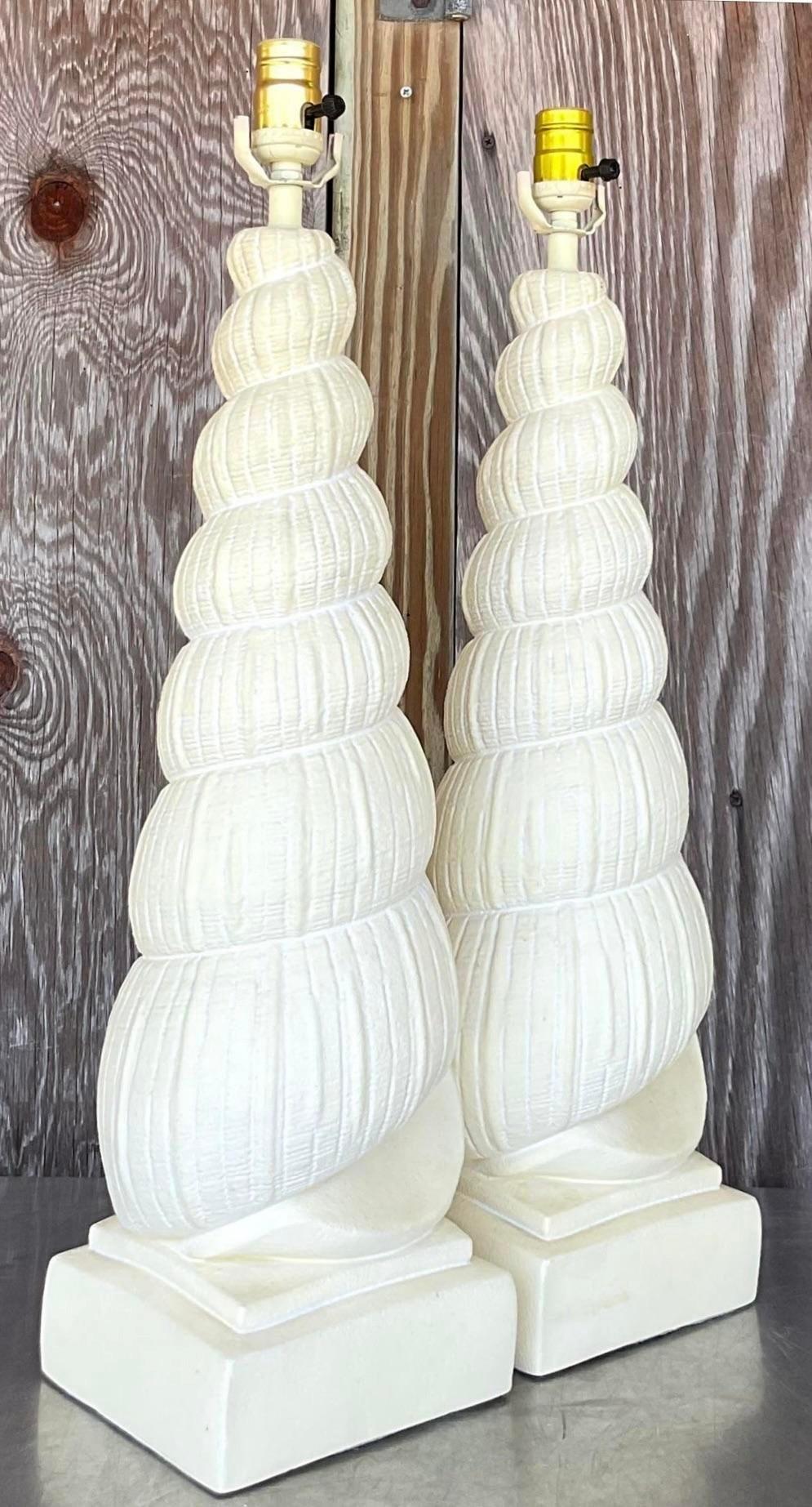 American Vintage Costal Plaster Tall Shell Lamps - a Pair For Sale