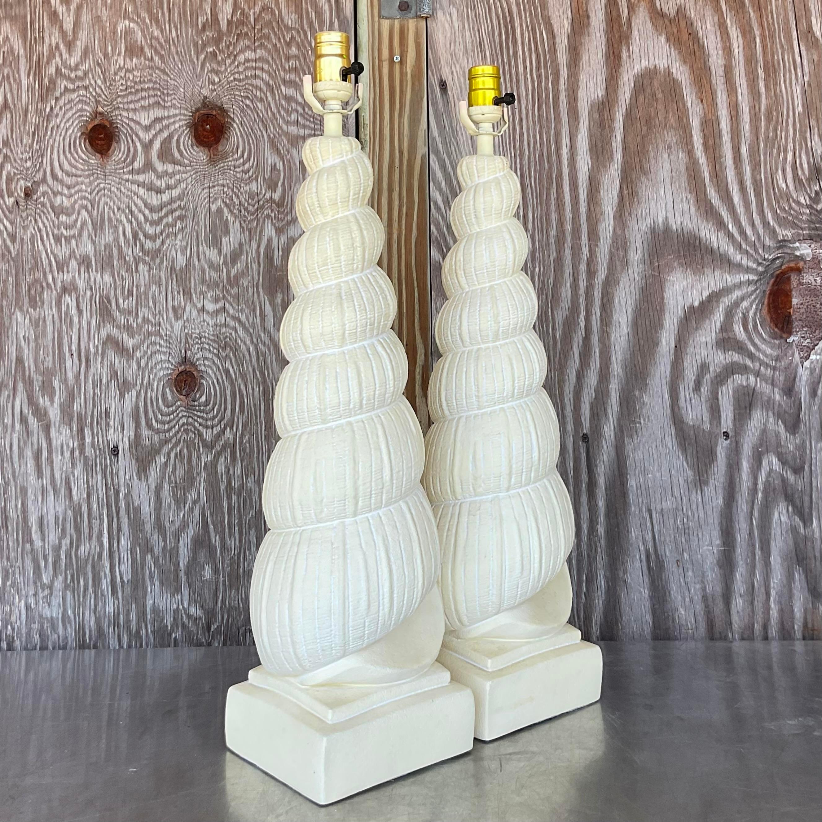 Vintage Costal Plaster Tall Shell Lamps - a Pair In Good Condition For Sale In west palm beach, FL