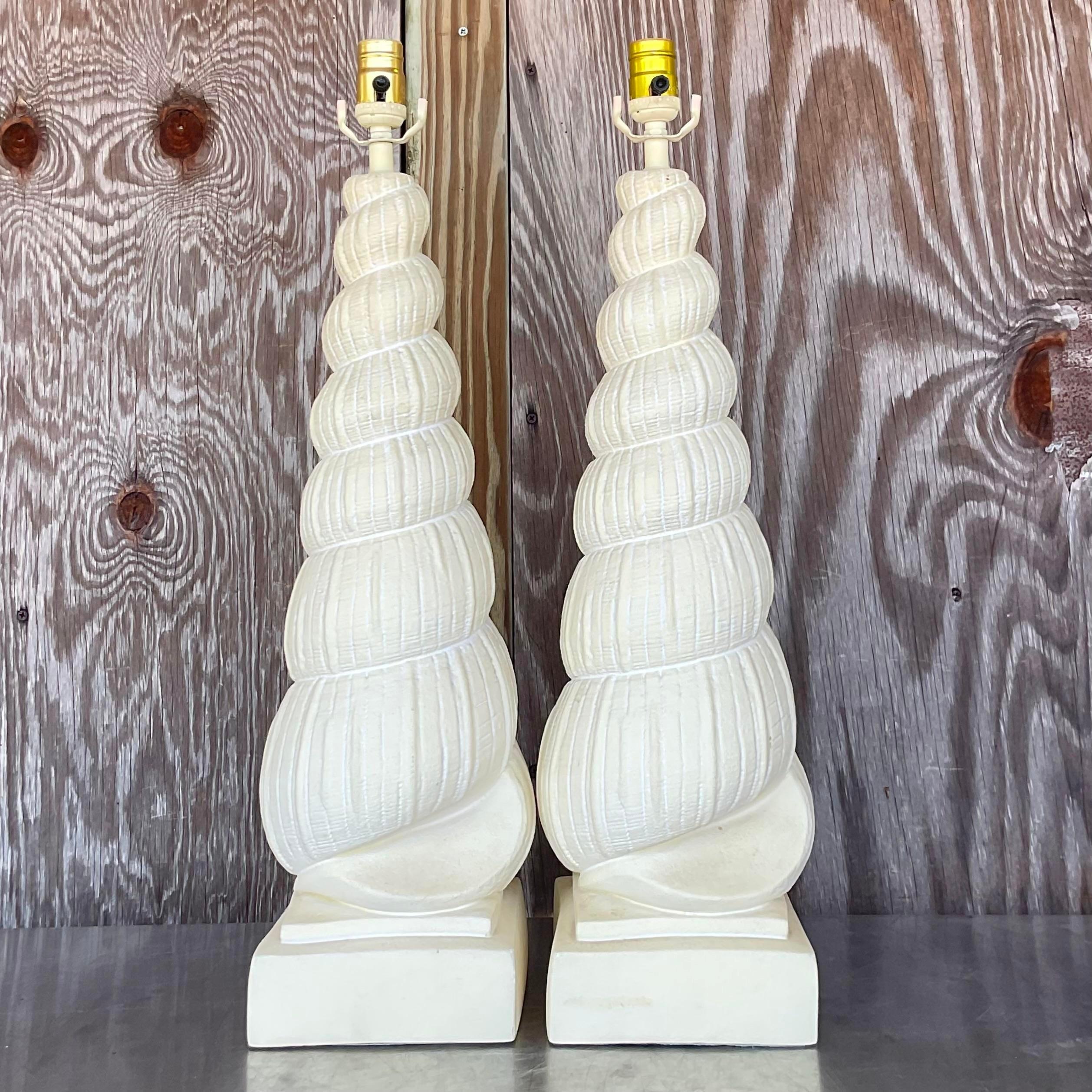 Vintage Costal Plaster Tall Shell Lamps - a Pair For Sale 1
