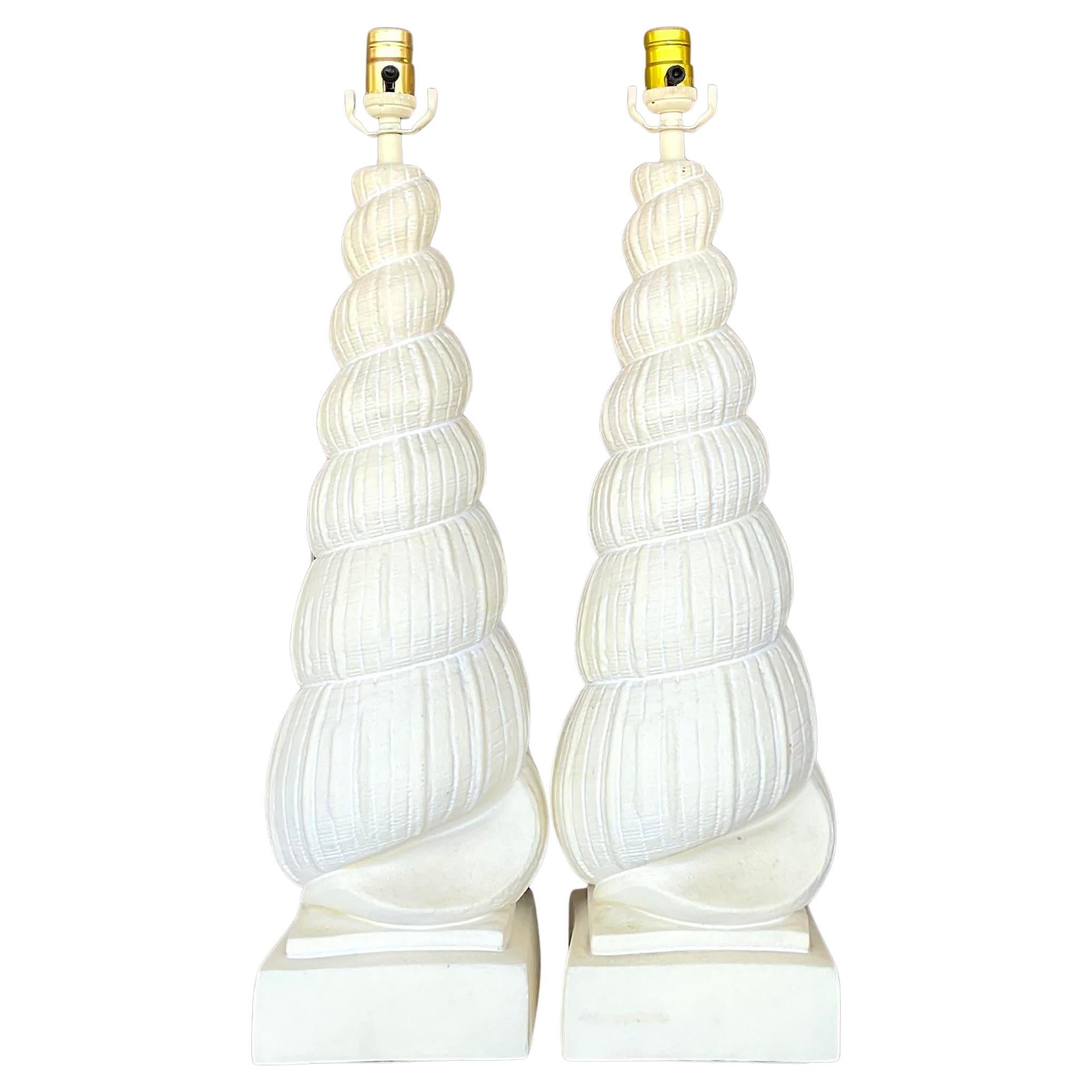 Vintage Costal Plaster Tall Shell Lamps - a Pair For Sale