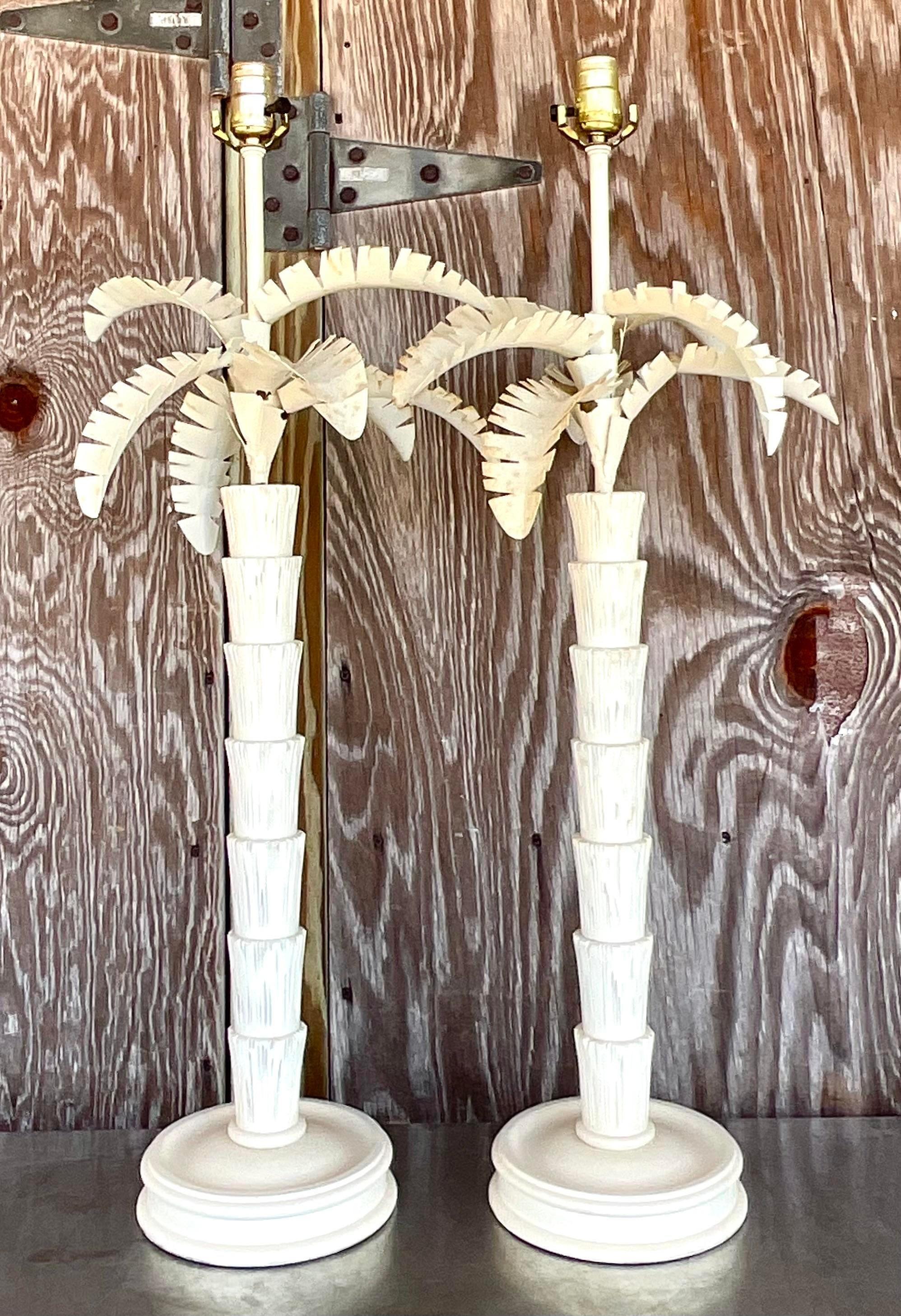 Vintage Costal Punch Cut Metal Palm Tree Lamps - a Pair In Good Condition For Sale In west palm beach, FL