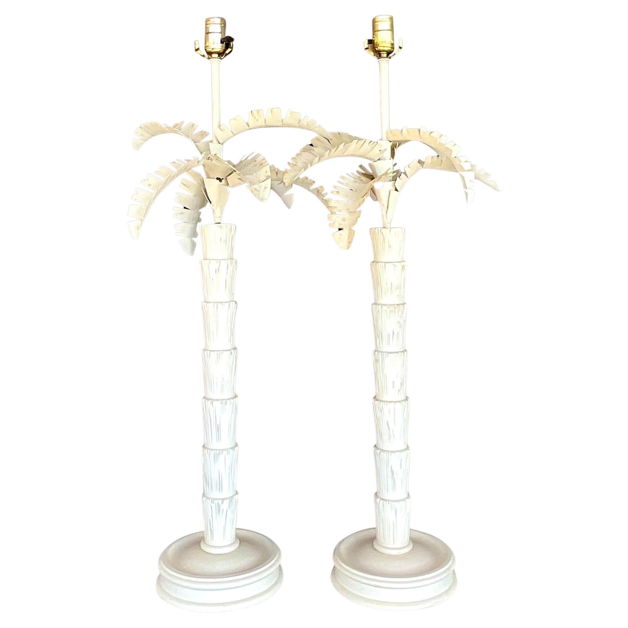 Vintage Costal Punch Cut Metal Palm Tree Lamps - a Pair For Sale