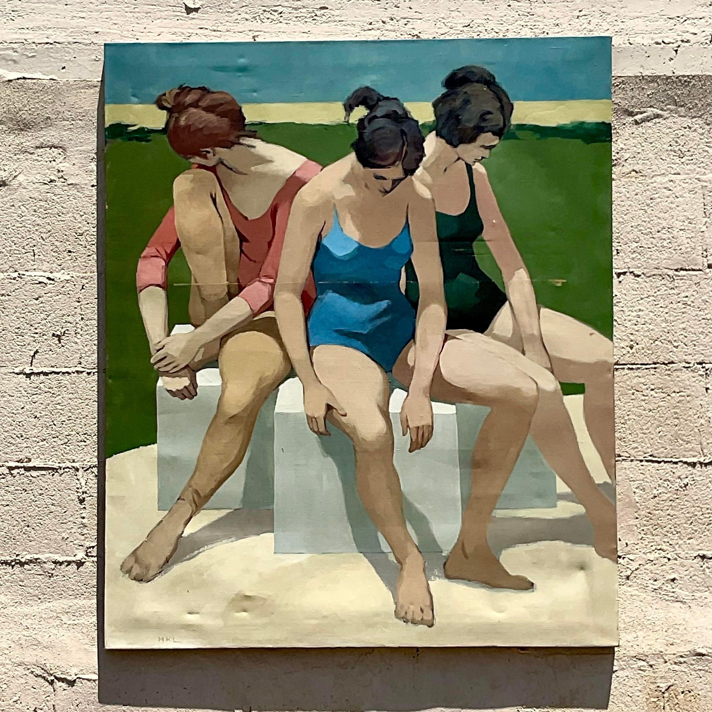 Vintage Costal Signed Original Figurative Oil on Canvas In Good Condition For Sale In west palm beach, FL