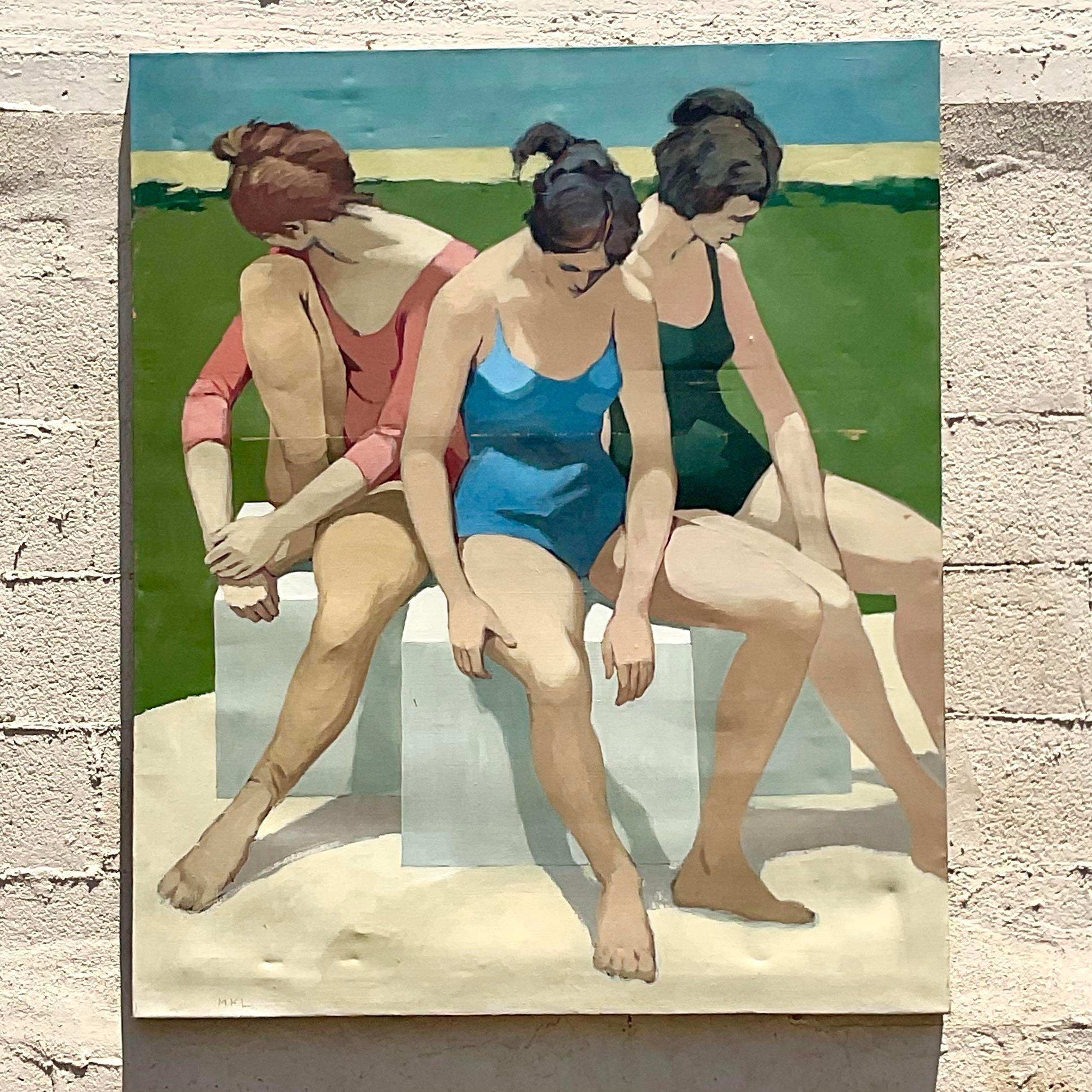 20th Century Vintage Costal Signed Original Figurative Oil on Canvas For Sale