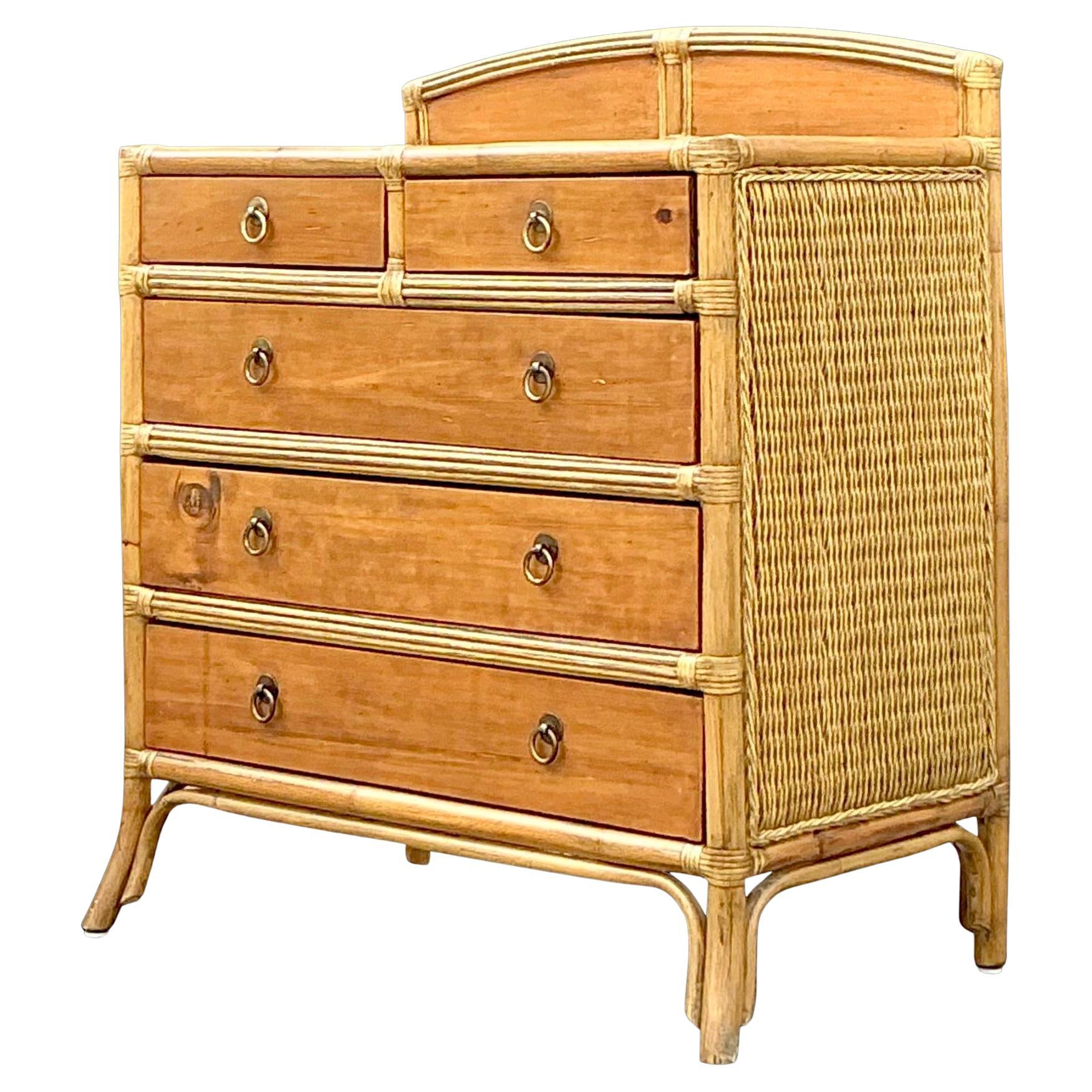 Vintage Costal Woven Rattan and Pine Chest of Drawers