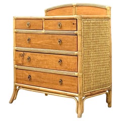 Vintage Costal Woven Rattan and Pine Chest of Drawers