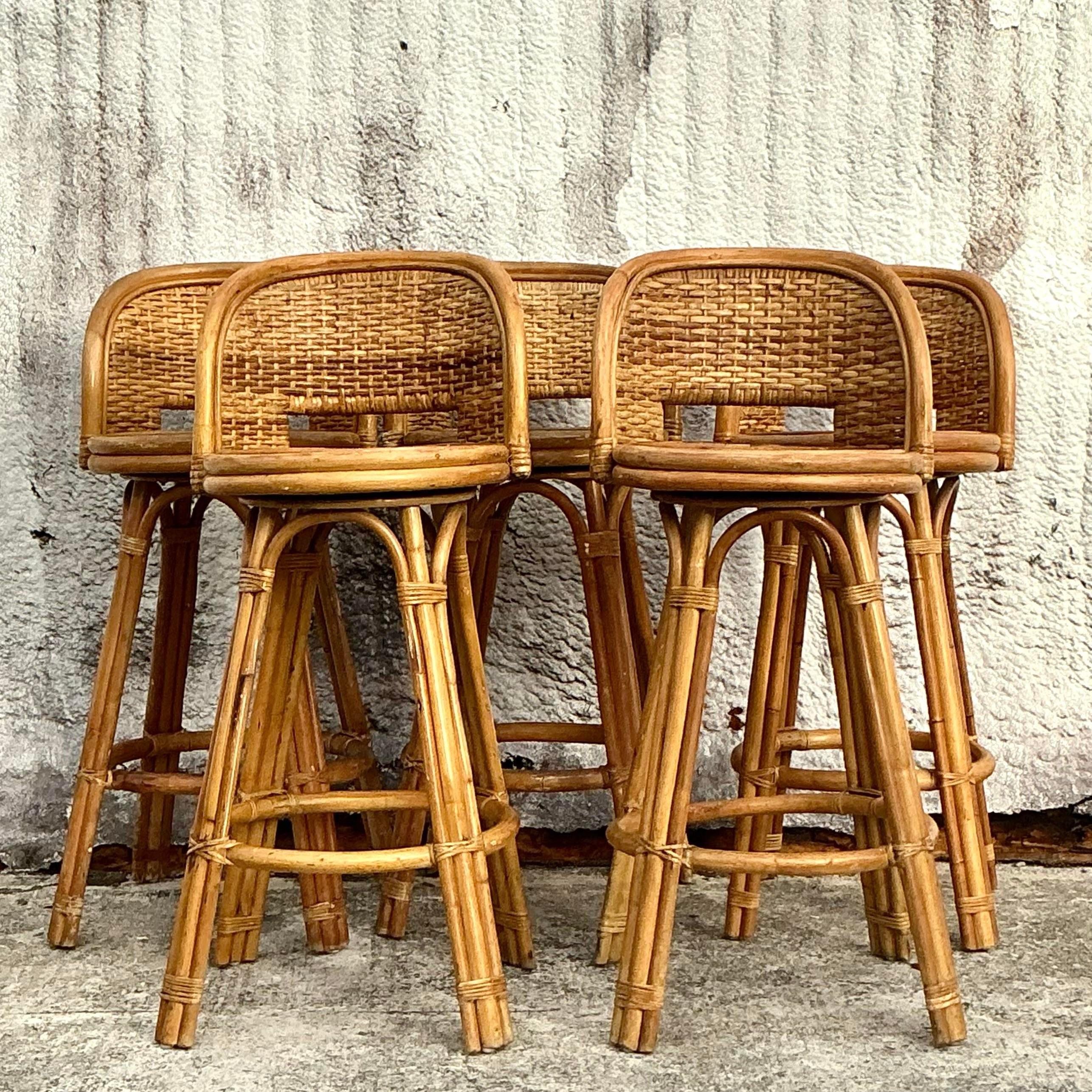 Vintage Costal Woven Rattan Bar Stools - Set of 5 For Sale at 1stDibs