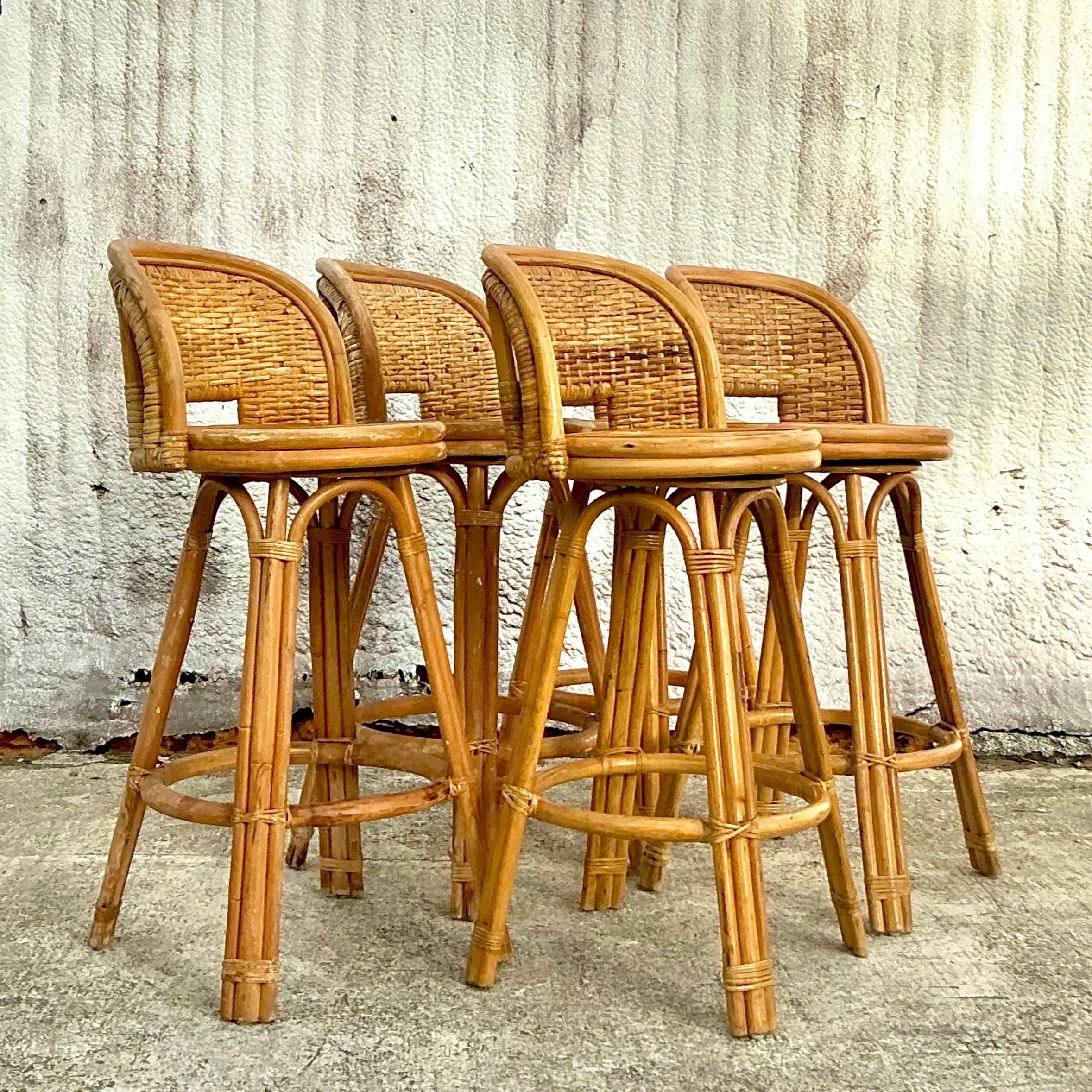 Vintage Costal Woven Rattan Bar Stools - Set of 5 For Sale at 1stDibs