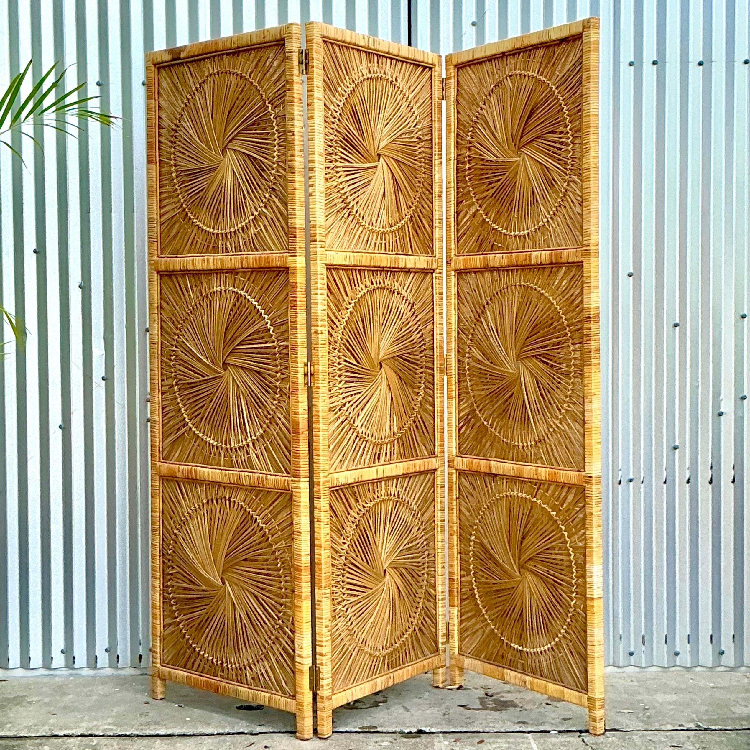 Philippine Vintage Costal Woven Rattan Folding Screen For Sale