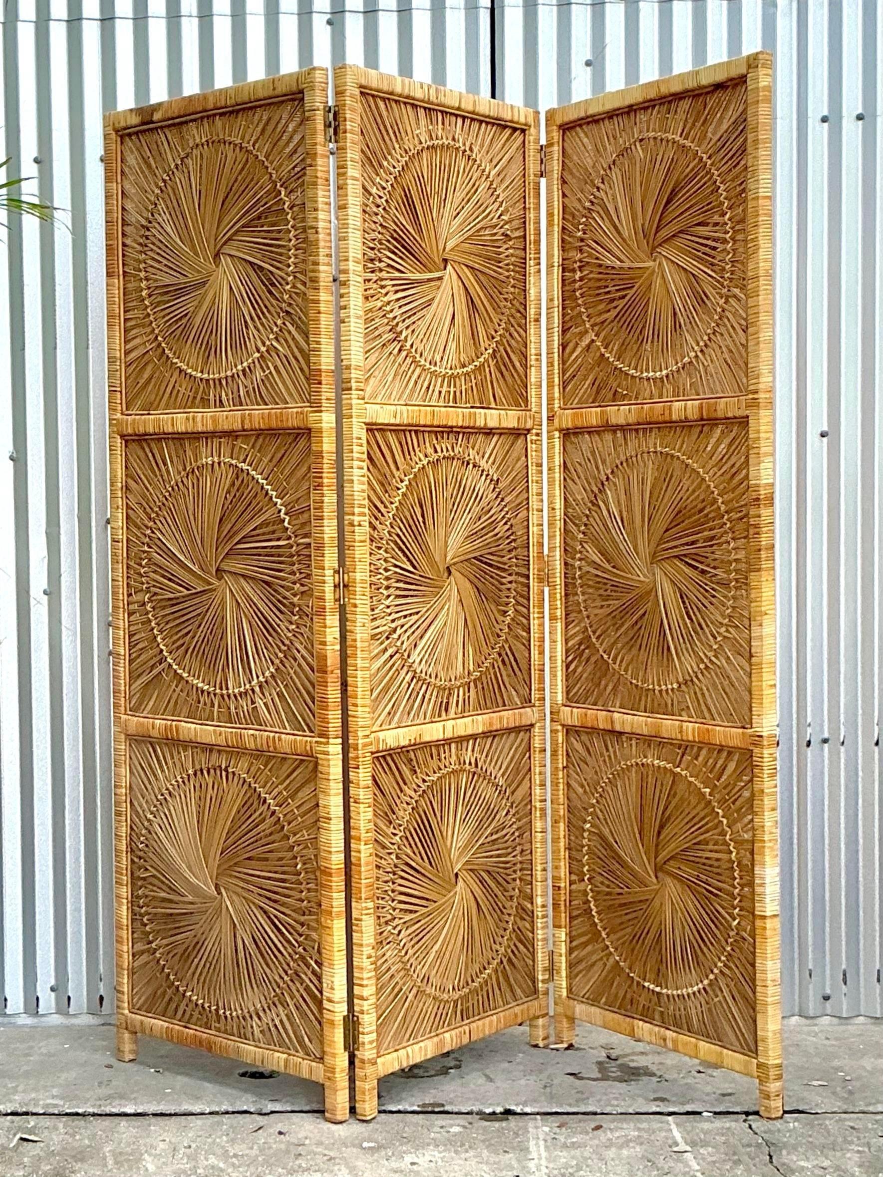 Vintage Costal Woven Rattan Folding Screen In Good Condition For Sale In west palm beach, FL