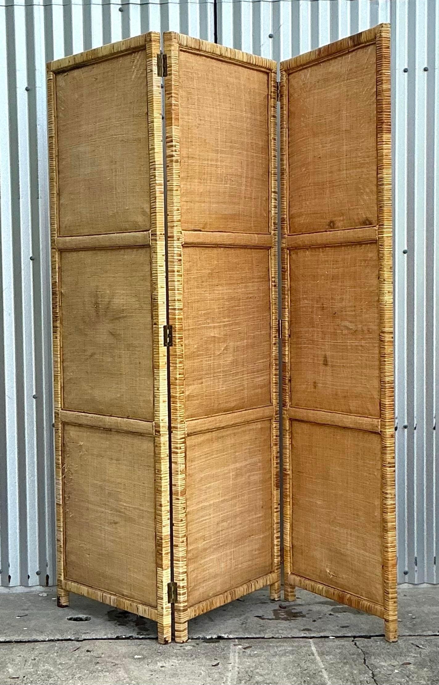 20th Century Vintage Costal Woven Rattan Folding Screen For Sale