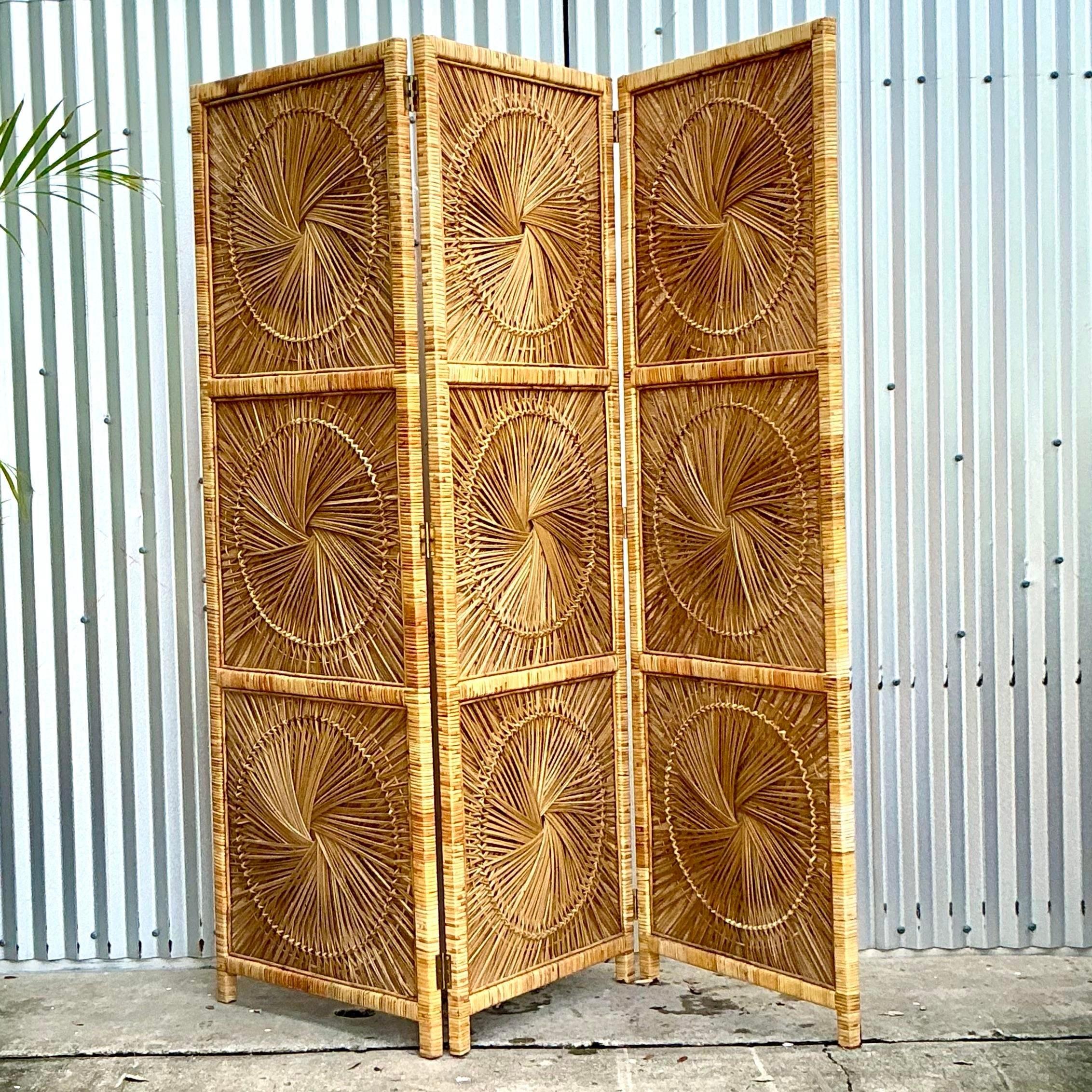 Vintage Costal Woven Rattan Folding Screen For Sale 1
