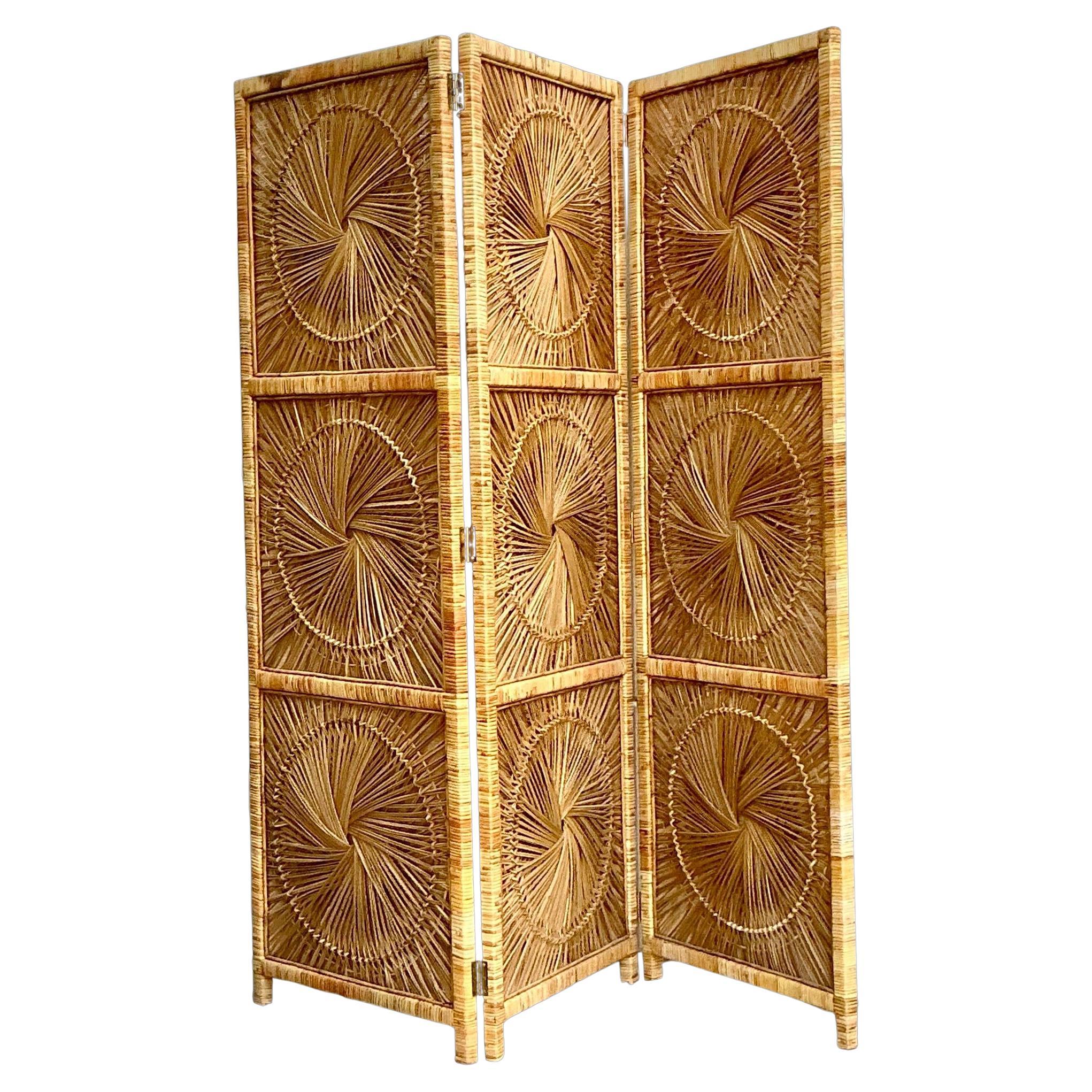 Vintage Costal Woven Rattan Folding Screen For Sale