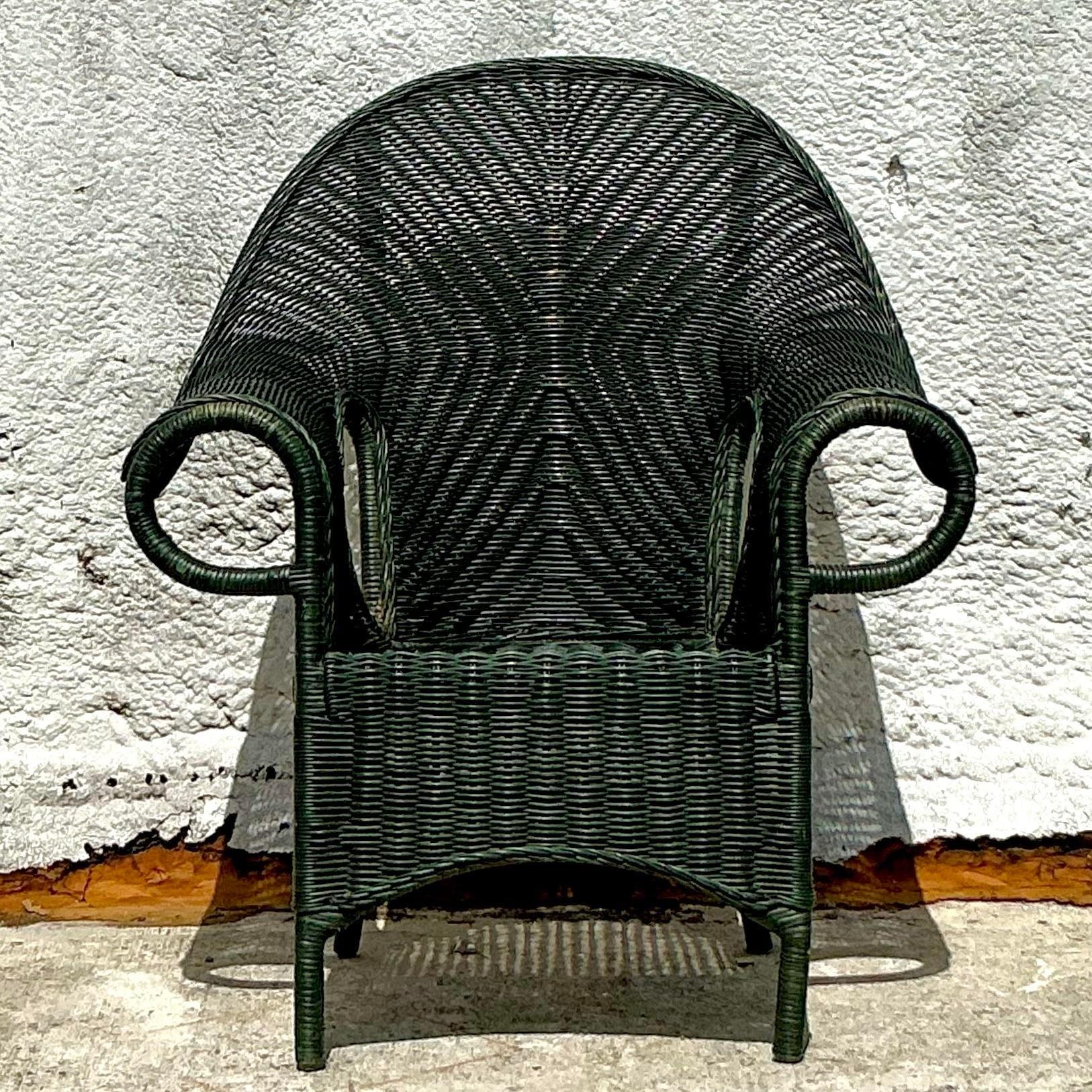 Vintage Costal Woven Rattan Lounge Chair In Good Condition For Sale In west palm beach, FL